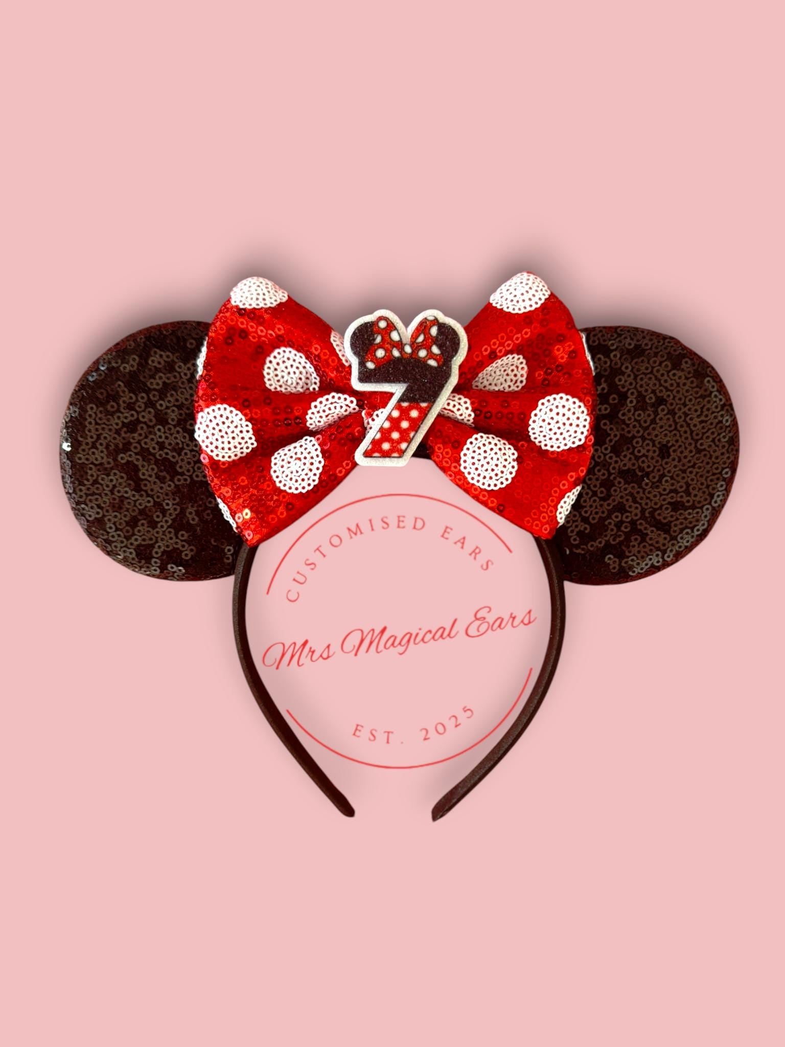 Birthday Bow Minnie Ears – Custom Age Disney Inspired Birthday Headband | Red Sequin or Polka Dot Bow | Magical Birthday Ears