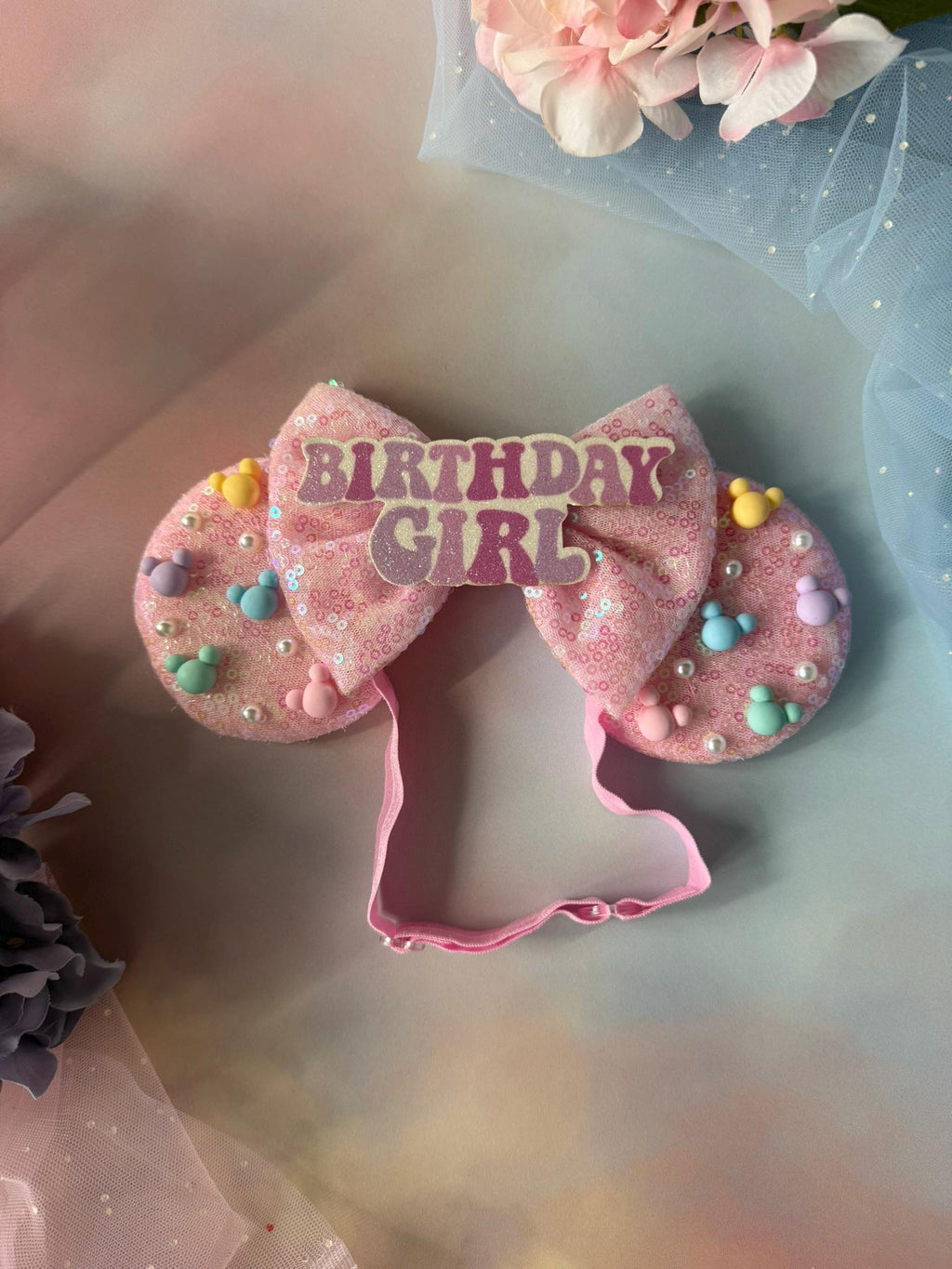 Birthday Girl Minnie Ears Baby Toddler, Sequin Minnie Mouse Headband, Adjustable Disney Birthday Headband, Baby Pink Blue Iridescent Ears