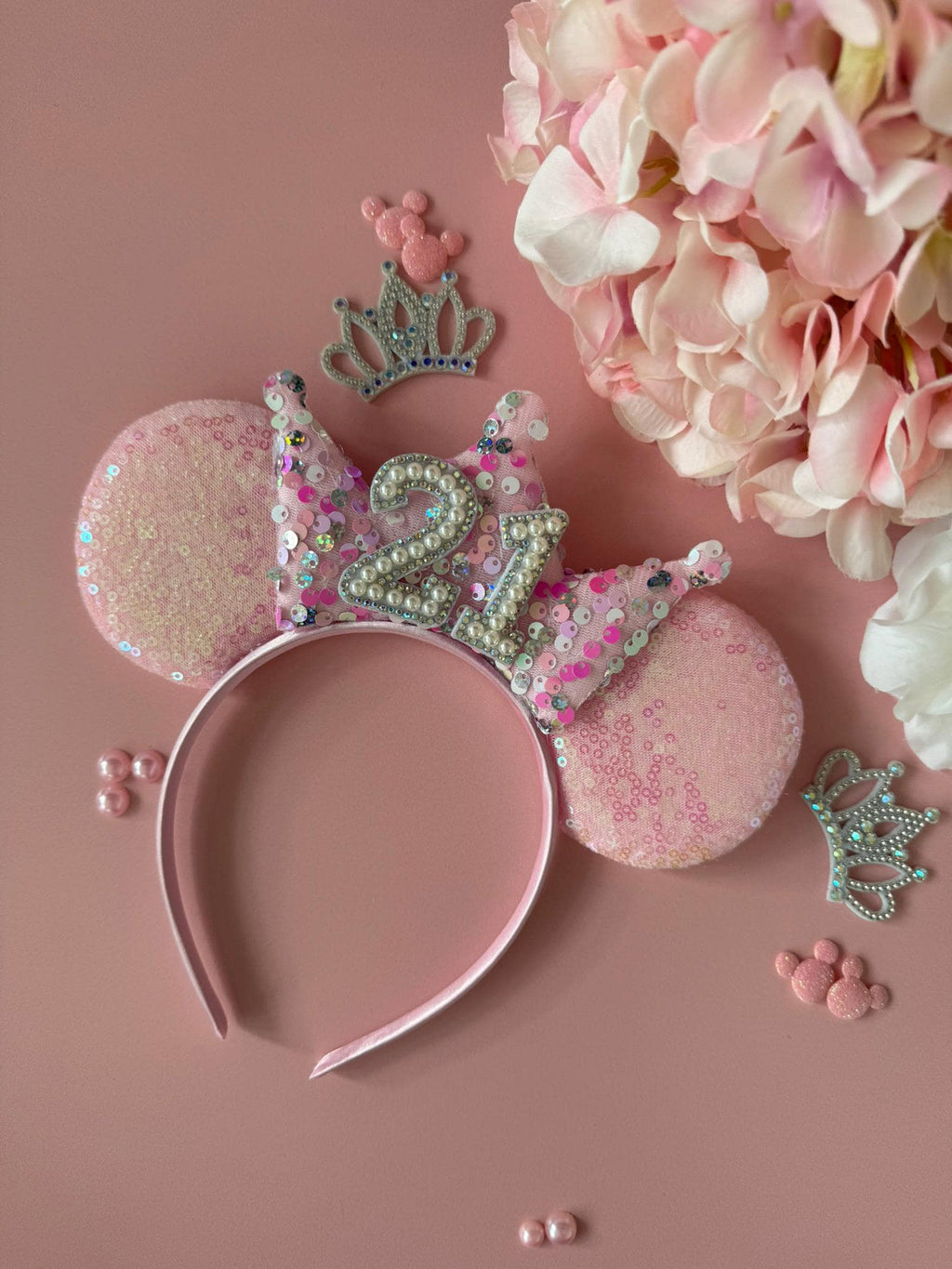 Baby Pink Sequin & Confetti Birthday Crown Headband | Sparkly Tiara | Personalised Ears for Women + Girls (All Ages) Disney Inspired