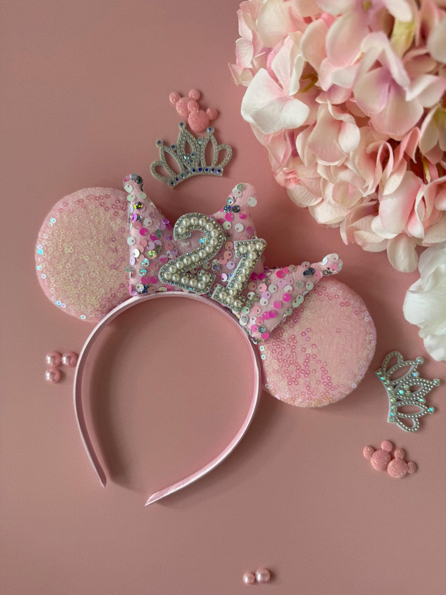 Baby Pink Sequin & Confetti Birthday Crown Headband | Sparkly Tiara | Personalised Ears for Women + Girls (All Ages) Disney Inspired