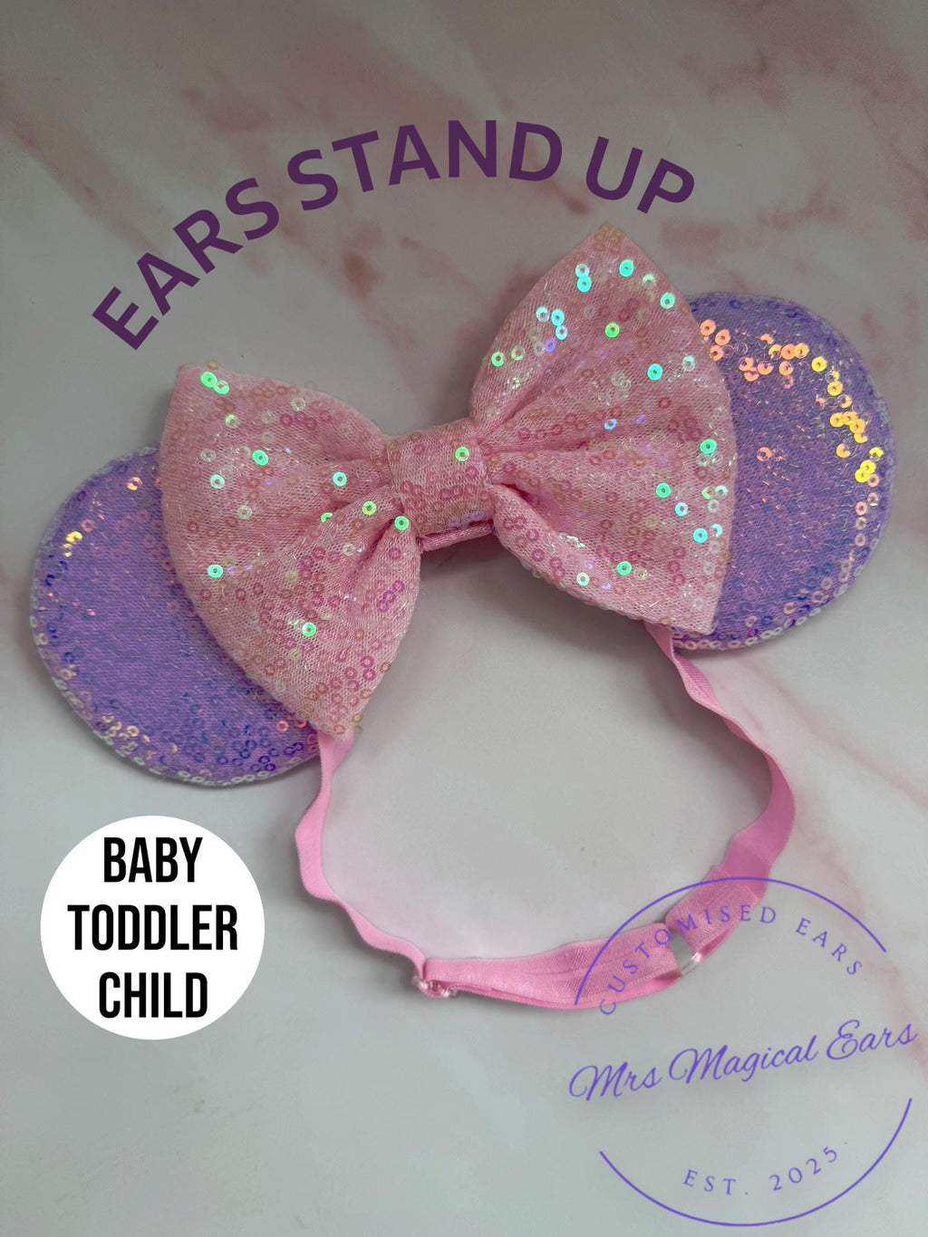 Baby & Toddler Minnie Mouse Inspired Mouse Ears | Classic Lilac + Pink Sequin Bow Mickey Headband | Adjustable Disney Photo Prop | Girls