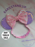 Baby & Toddler Minnie Mouse Inspired Mouse Ears | Classic Lilac + Pink Sequin Bow Mickey Headband | Adjustable Disney Photo Prop | Girls