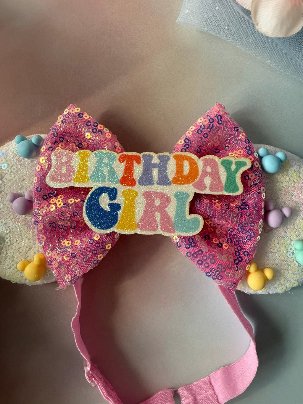 Birthday Girl Minnie Ears Baby Toddler, Sequin Minnie Mouse Headband, Adjustable Disney Birthday Headband, Baby Pink Blue Iridescent Ears