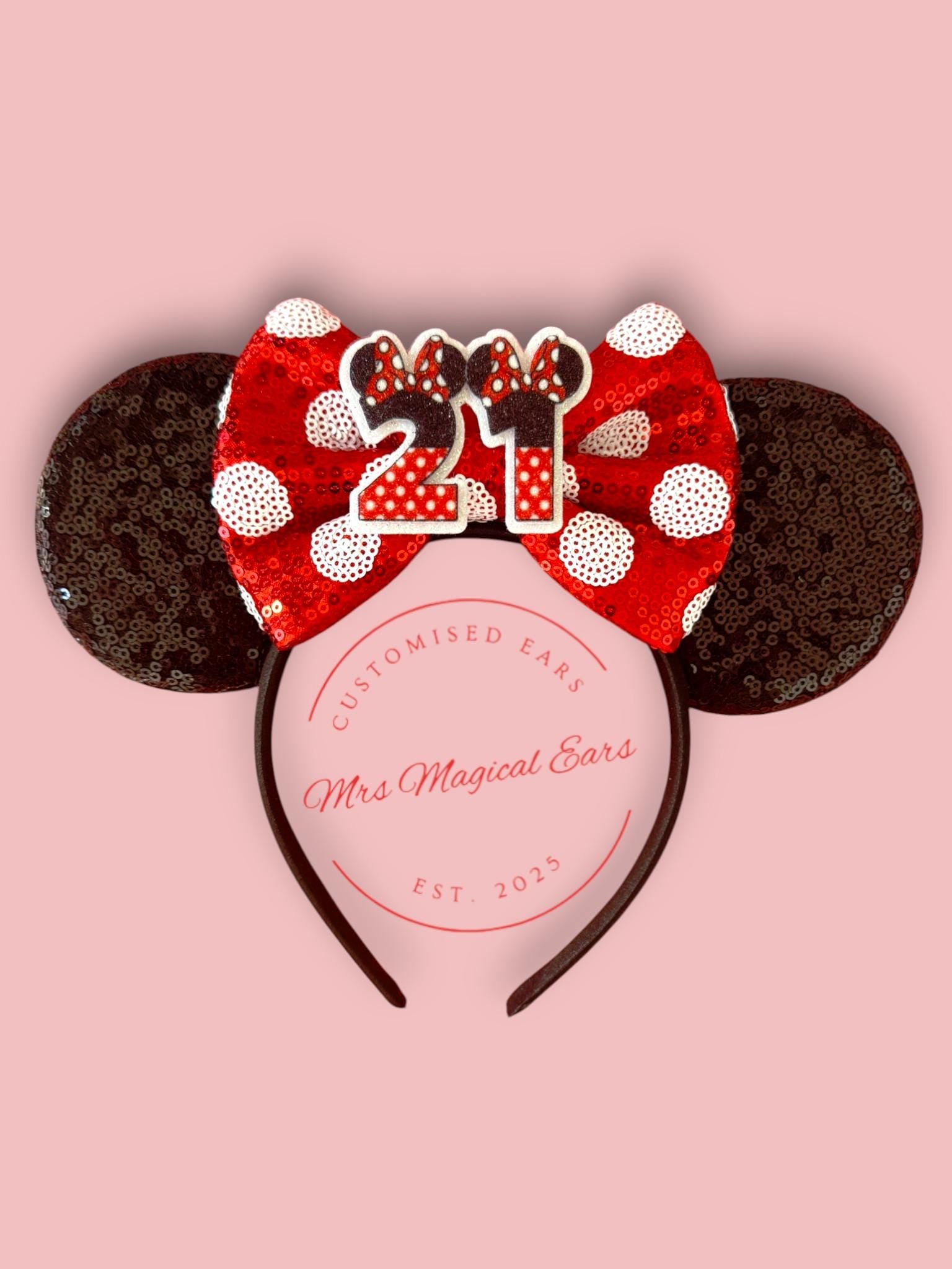 Birthday Bow Minnie Ears – Custom Age Disney Inspired Birthday Headband | Red Sequin or Polka Dot Bow | Magical Birthday Ears