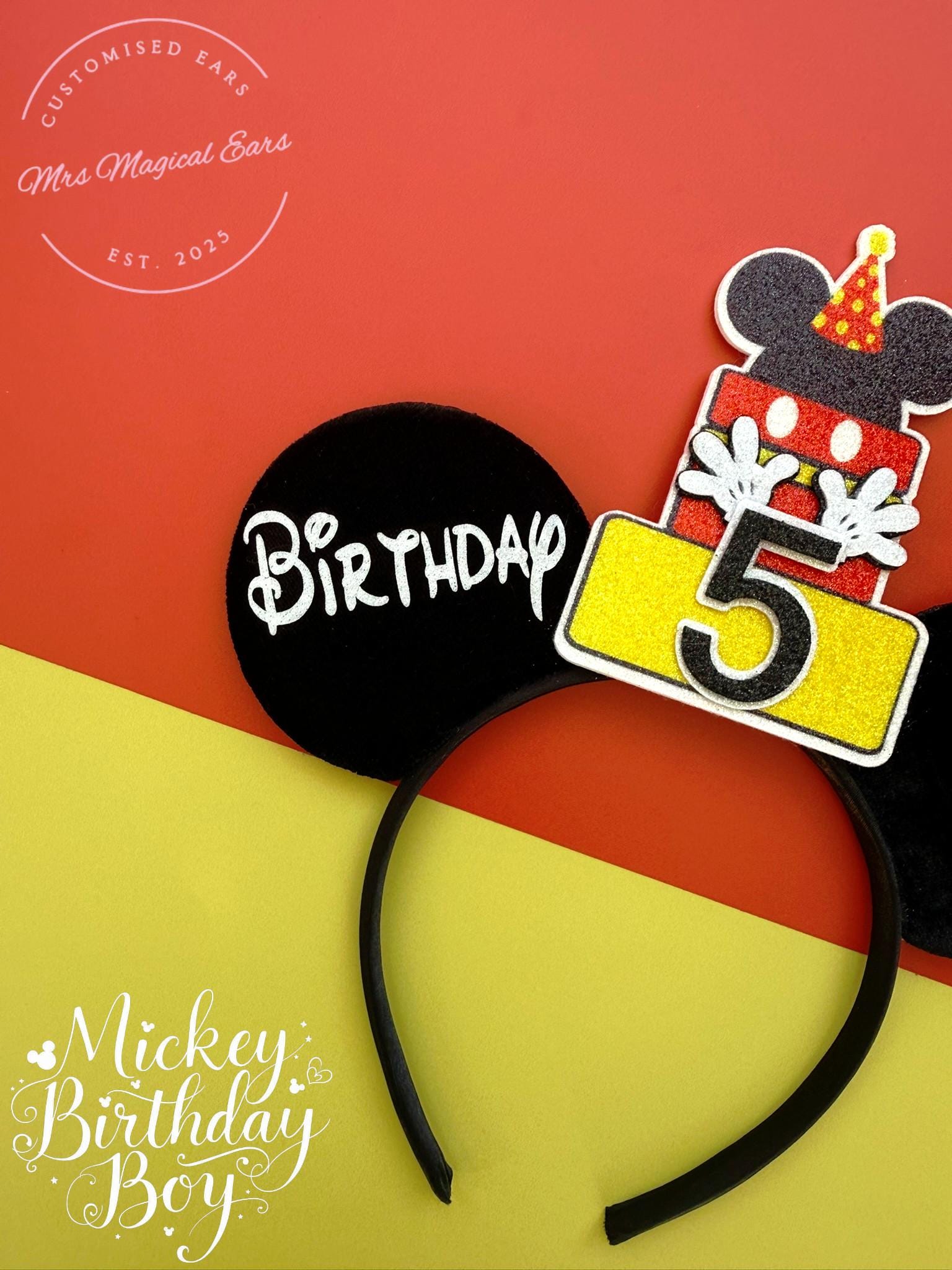 Birthday Boy Mickey Mouse Inspired Ears | Personalised Disney Inspired Birthday Ears | Custom Age Cake Hat | Mickey Minnie Ears Any Age