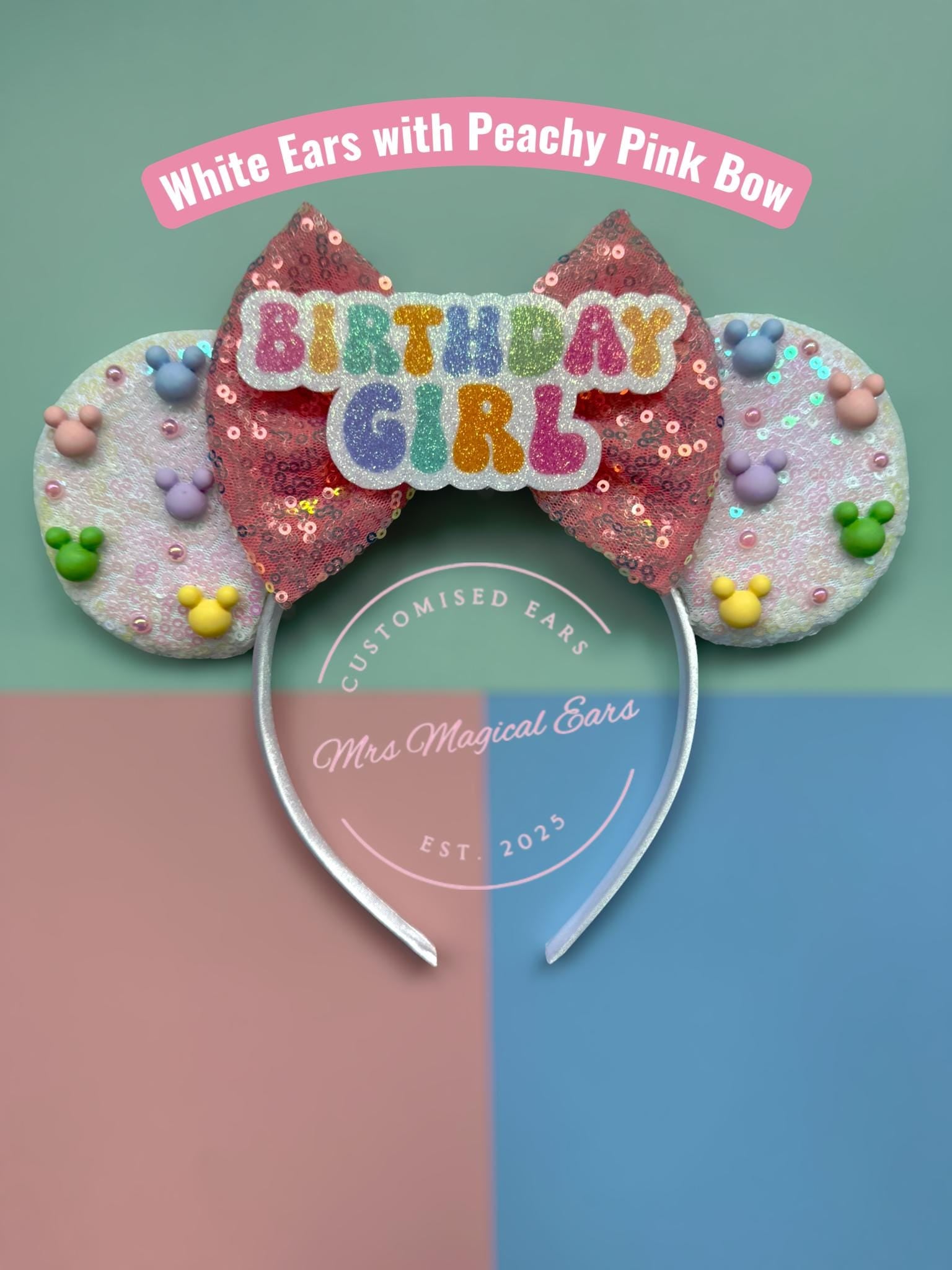 Birthday Girl Mouse Ears – Custom Colour Bow – Sparkly Sequin Headband – Party Ears – Cake Smash – Girls Birthday Outfit – Disney Inspired