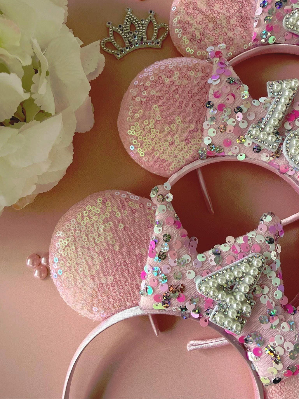 Baby Pink Sequin & Confetti Birthday Crown Headband | Sparkly Tiara | Personalised Ears for Women + Girls (All Ages) Disney Inspired