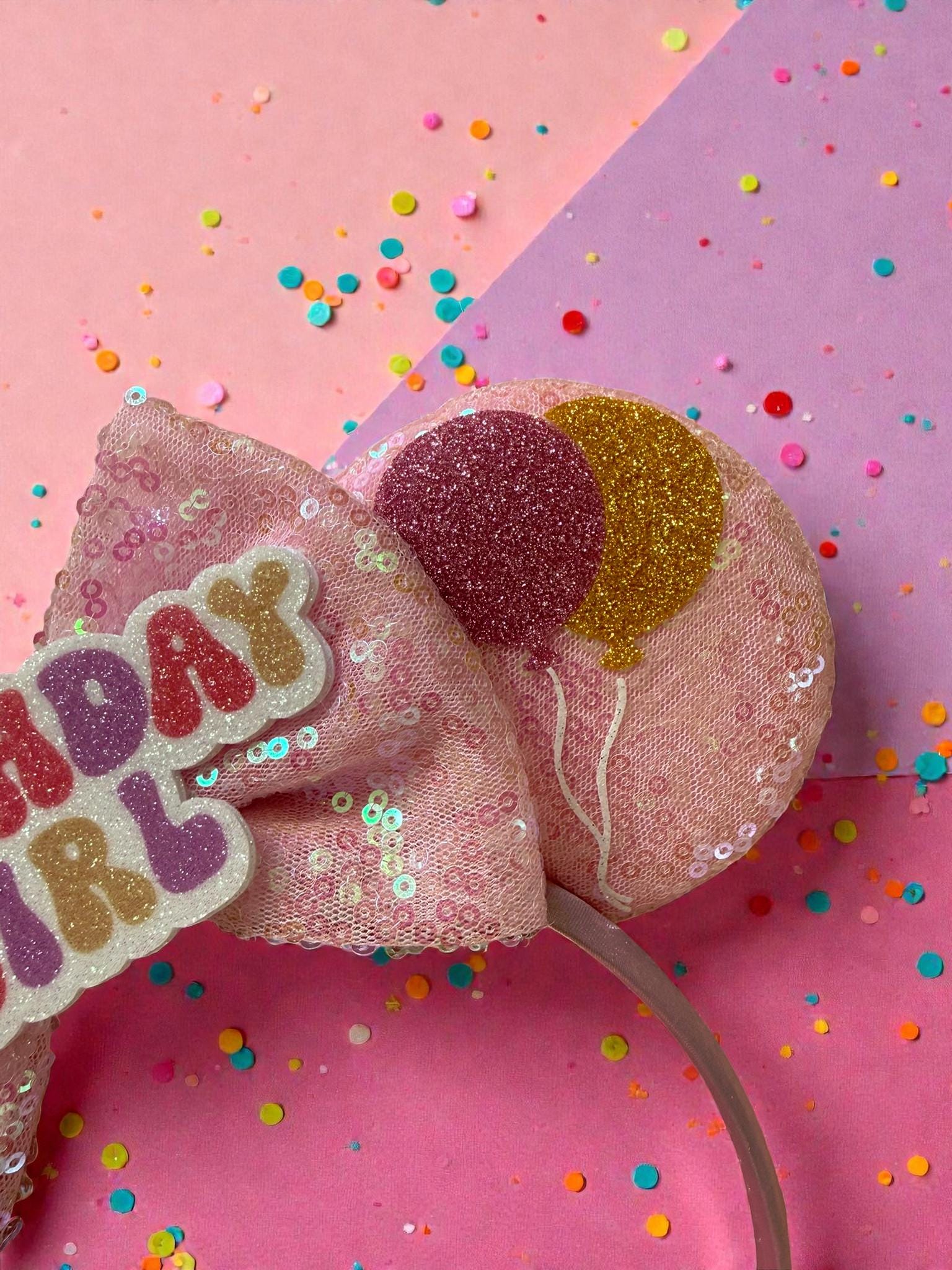 Birthday Girl Pink Minnie Ears • Custom Age with Balloons Sequin Mouse Ears Headband • Disney Inspired • Mickey Ears for Kids Teens Adults