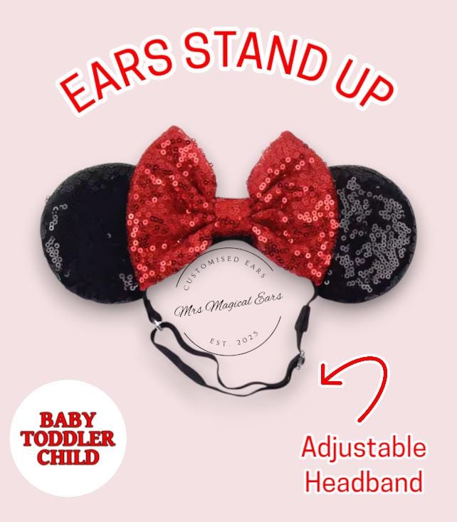 Personalised Baby Minnie Inspired Ears Headband – Custom Name Baby Mouse Ears with Adjustable Strap, Toddler Birthday Outfit