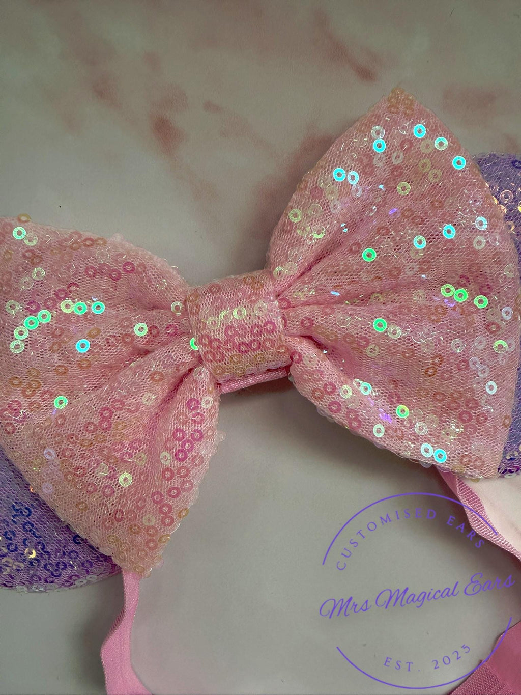Baby & Toddler Minnie Mouse Inspired Mouse Ears | Classic Lilac + Pink Sequin Bow Mickey Headband | Adjustable Disney Photo Prop | Girls
