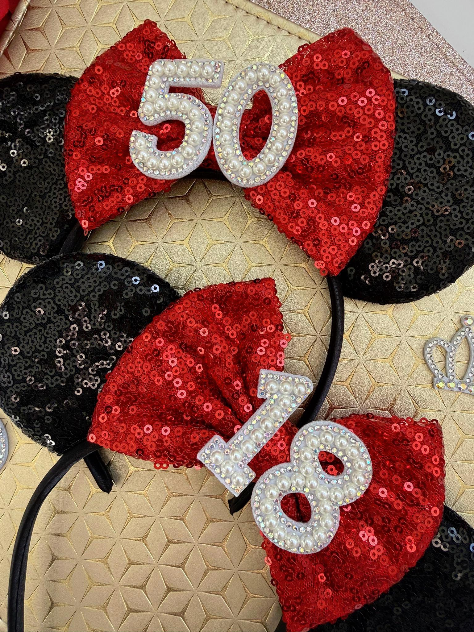 Black Sequin Birthday Minnie Inspired Ears Headband – Red Bow Custom Age Mouse Ears for Adults, Teens & Disney Birthday Trips