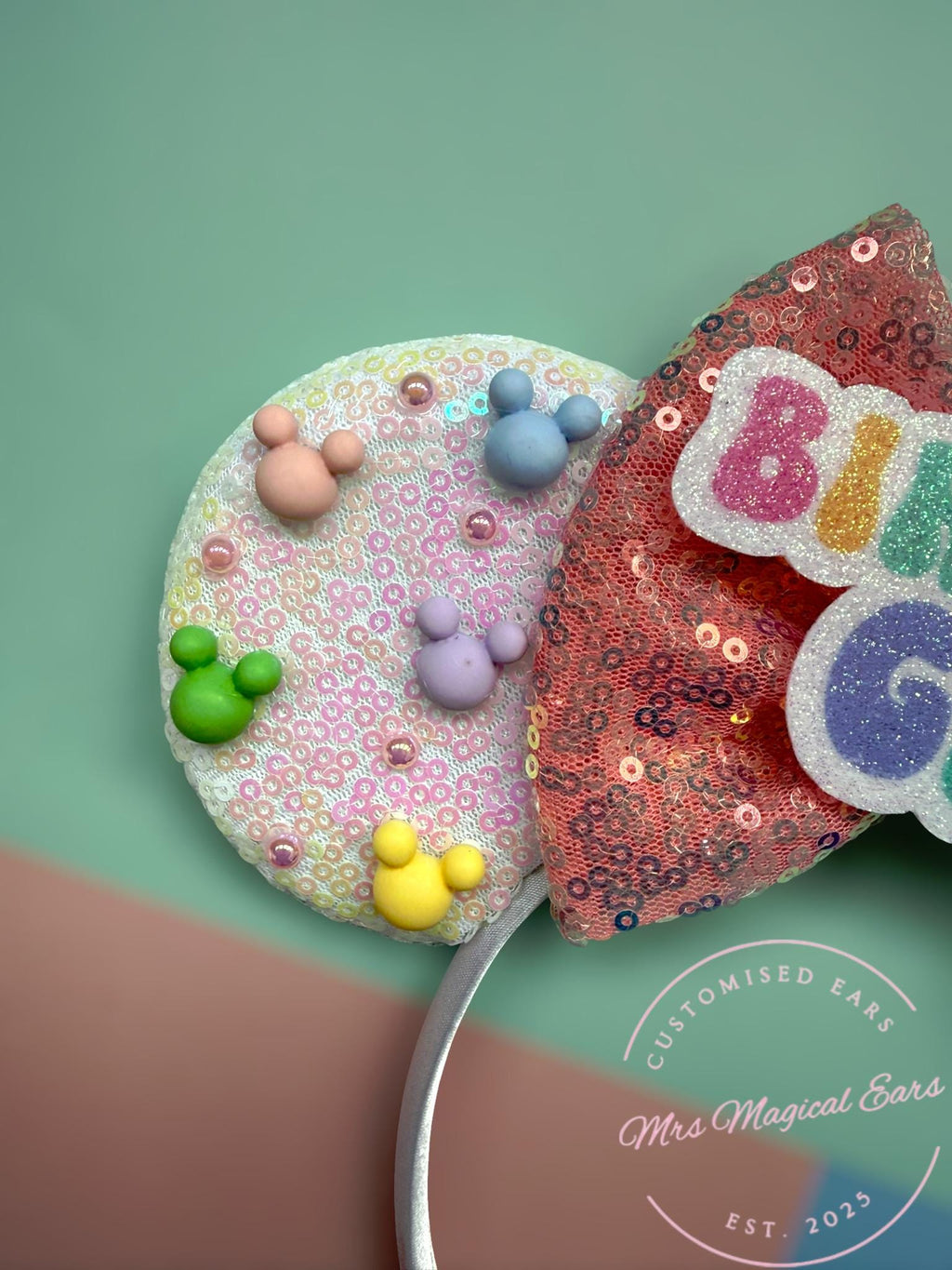 Birthday Girl Mouse Ears – Custom Colour Bow – Sparkly Sequin Headband – Party Ears – Cake Smash – Girls Birthday Outfit – Disney Inspired