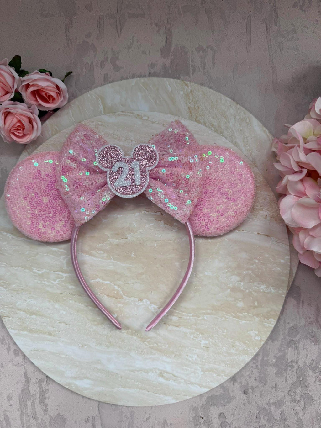 BIRTHDAY Customised ANY AGE Minnie Mouse Ears | Baby Pink Sequin Mickey Ears | Custom Glitter Headband | Disney Trip 2, 3, 5, 10, 18, 30+