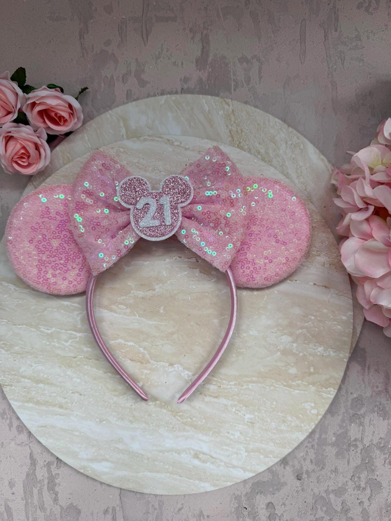 BIRTHDAY Customised ANY AGE Minnie Mouse Ears | Baby Pink Sequin Mickey Ears | Custom Glitter Headband | Disney Trip 2, 3, 5, 10, 18, 30+