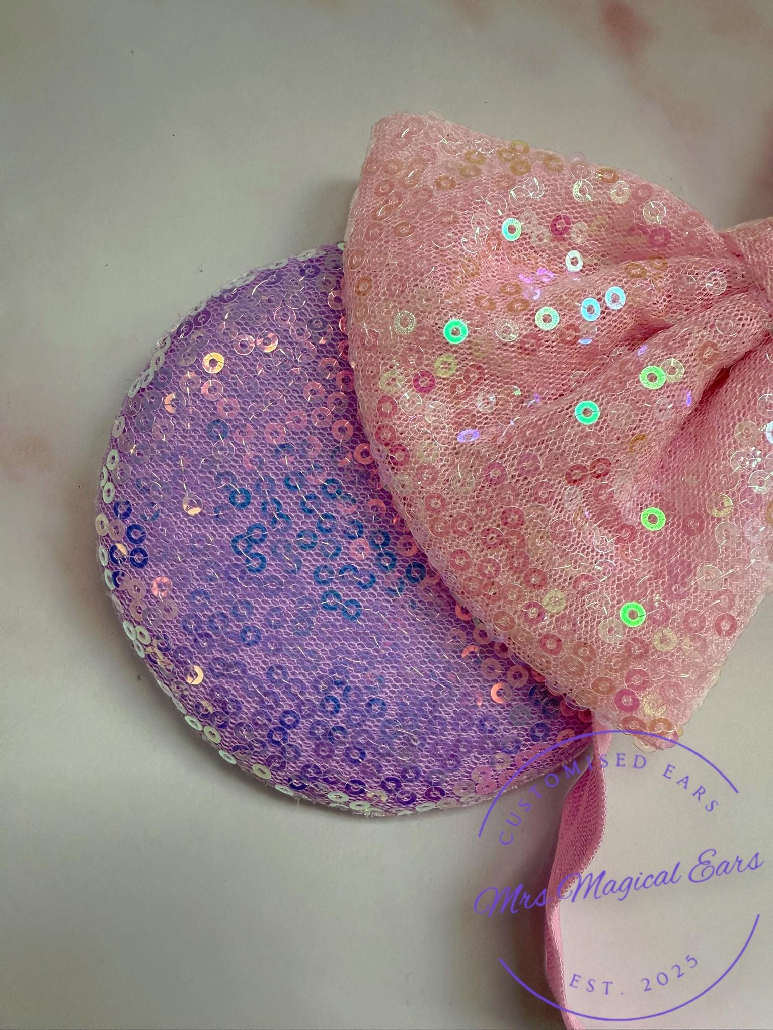 Baby & Toddler Minnie Mouse Inspired Mouse Ears | Classic Lilac + Pink Sequin Bow Mickey Headband | Adjustable Disney Photo Prop | Girls