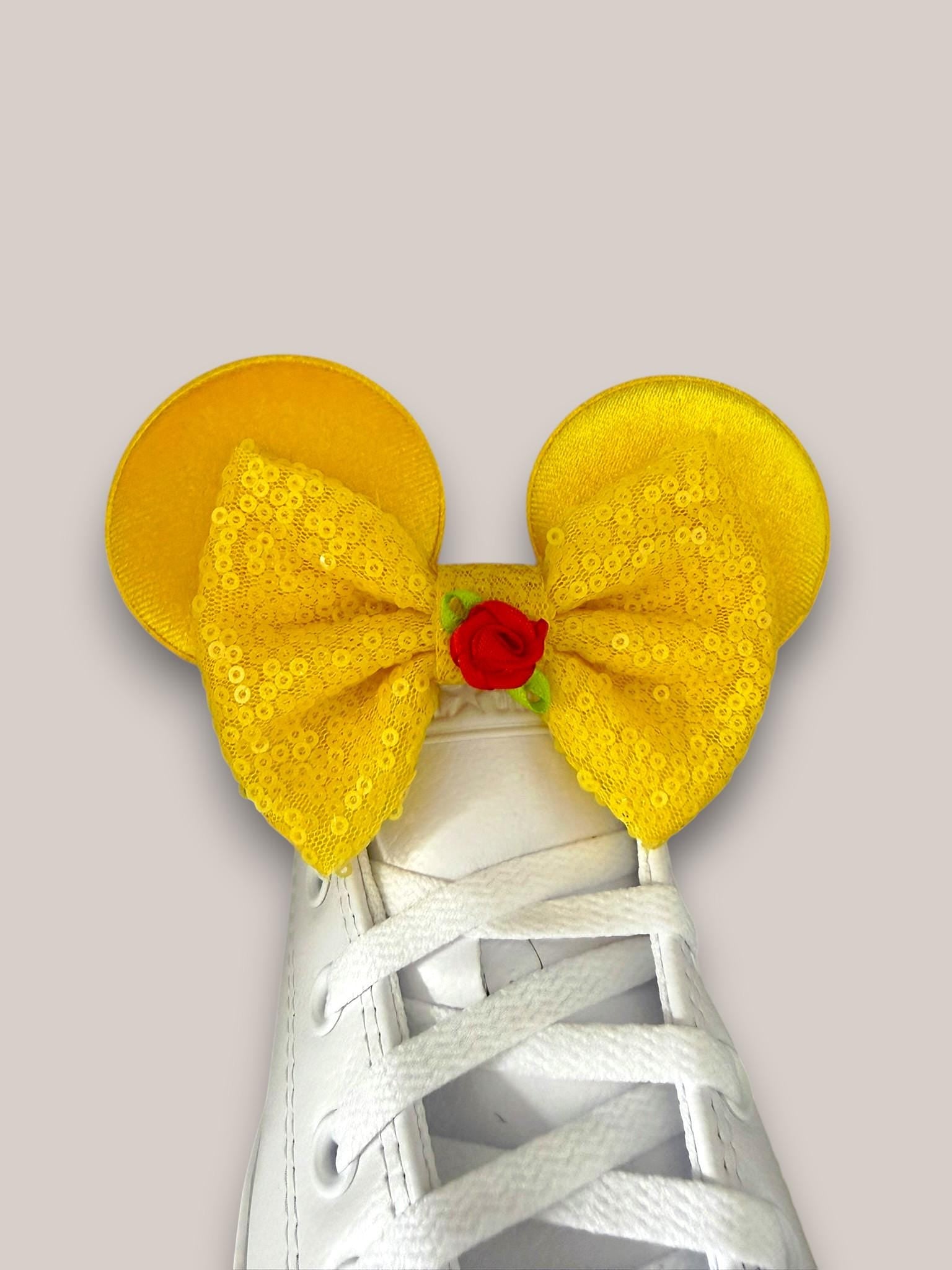 Belle Inspired Shoe Clips, Yellow Mouse Ears with Rose Bow, Beauty and the Beast Disney Inspired Shoe Accessories, Princess Trainer Clips