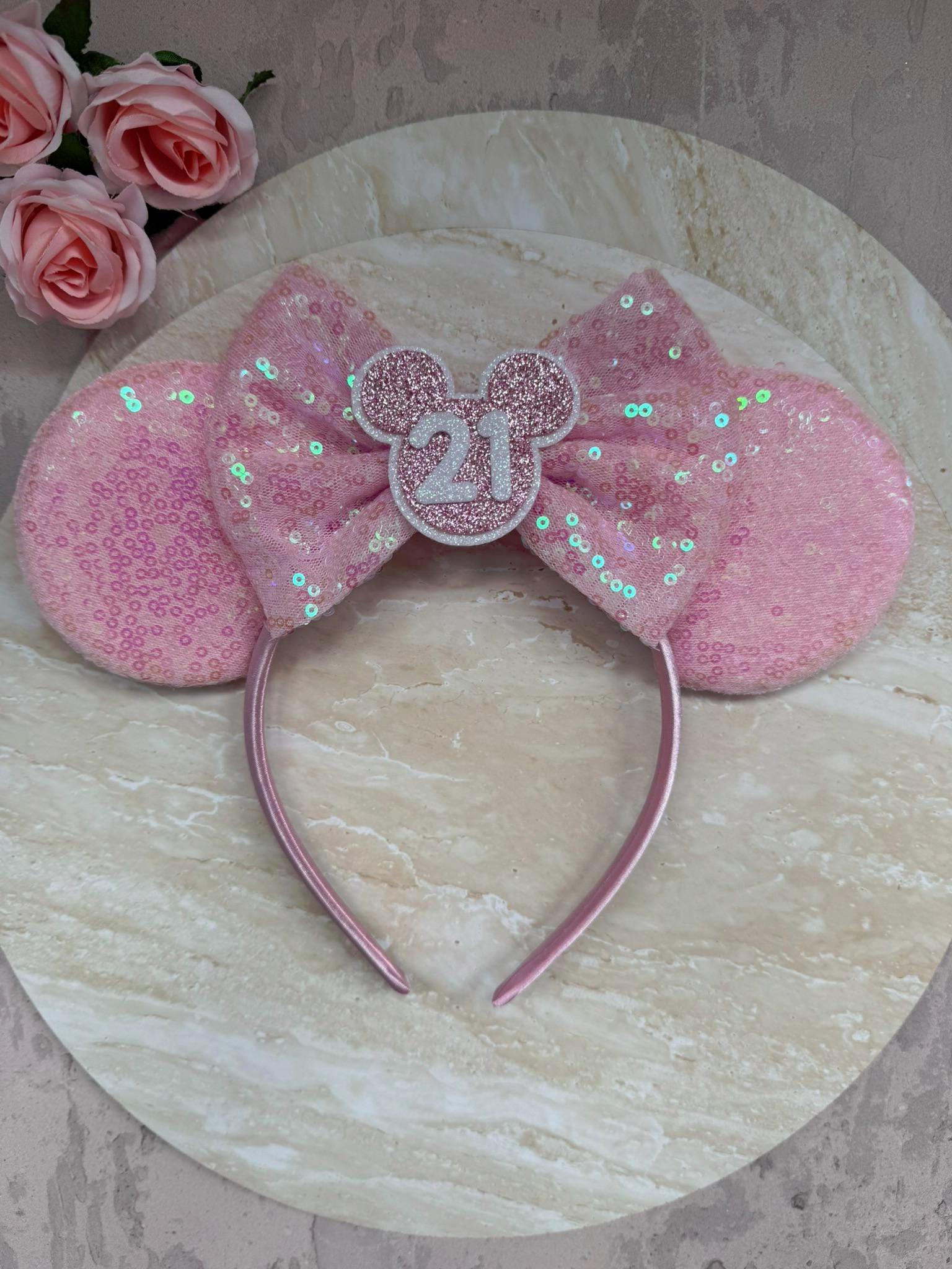 BIRTHDAY Customised ANY AGE Minnie Mouse Ears | Baby Pink Sequin Mickey Ears | Custom Glitter Headband | Disney Trip 2, 3, 5, 10, 18, 30+