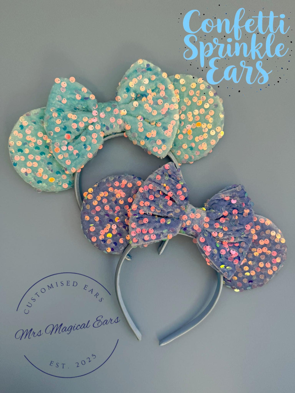 Baby Blue / Turquoise Confetti Sprinkle Sequin Mickey Minnie Mouse Disney Inspired Ears Headband