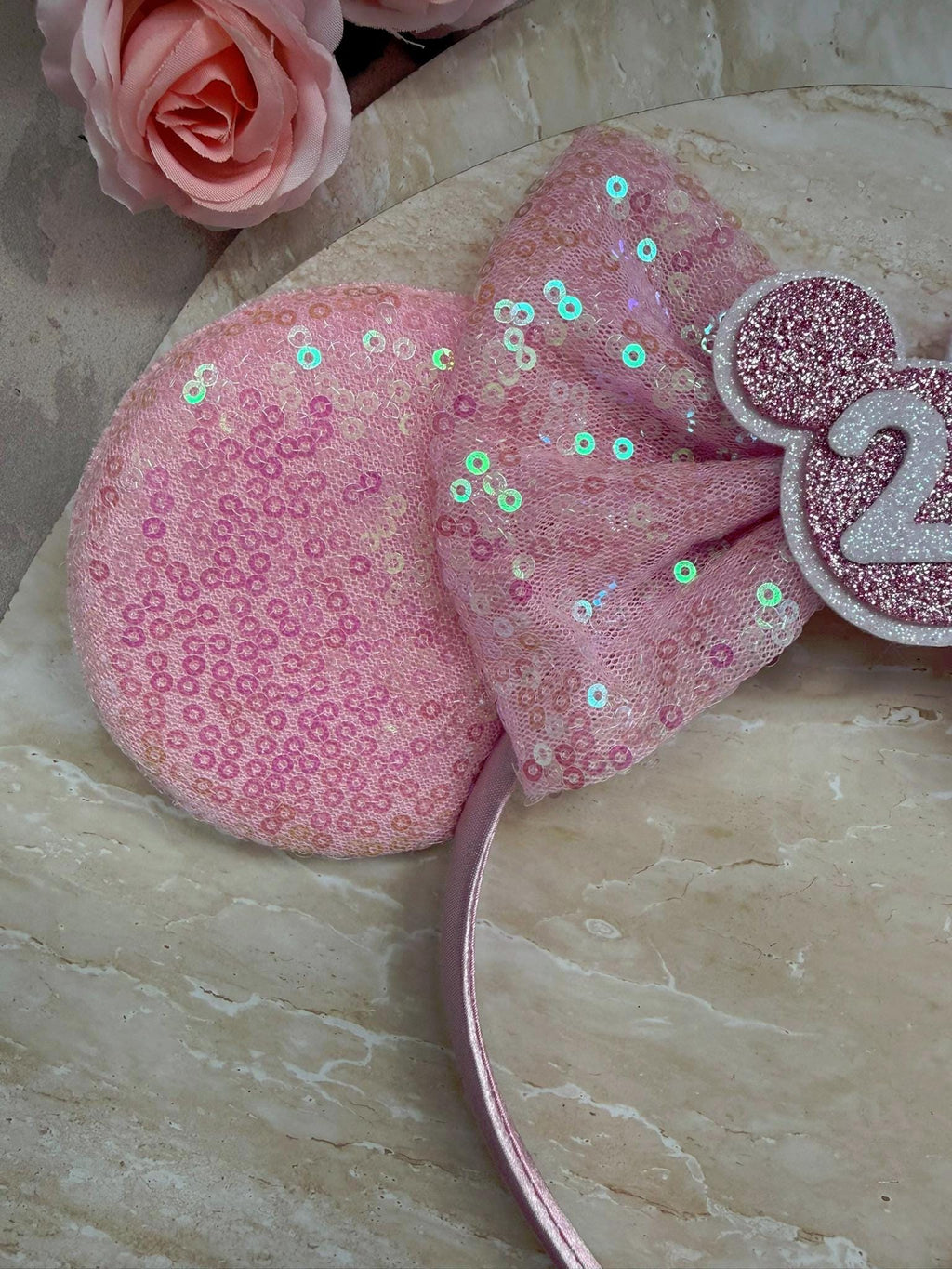 BIRTHDAY Customised ANY AGE Minnie Mouse Ears | Baby Pink Sequin Mickey Ears | Custom Glitter Headband | Disney Trip 2, 3, 5, 10, 18, 30+