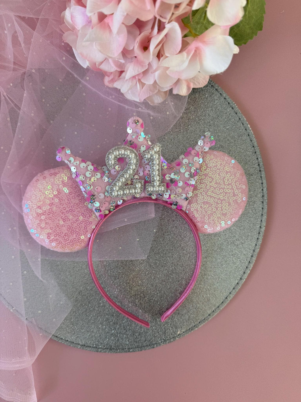 Baby Pink Sequin & Confetti Birthday Crown Headband | Sparkly Tiara | Personalised Ears for Women + Girls (All Ages) Disney Inspired