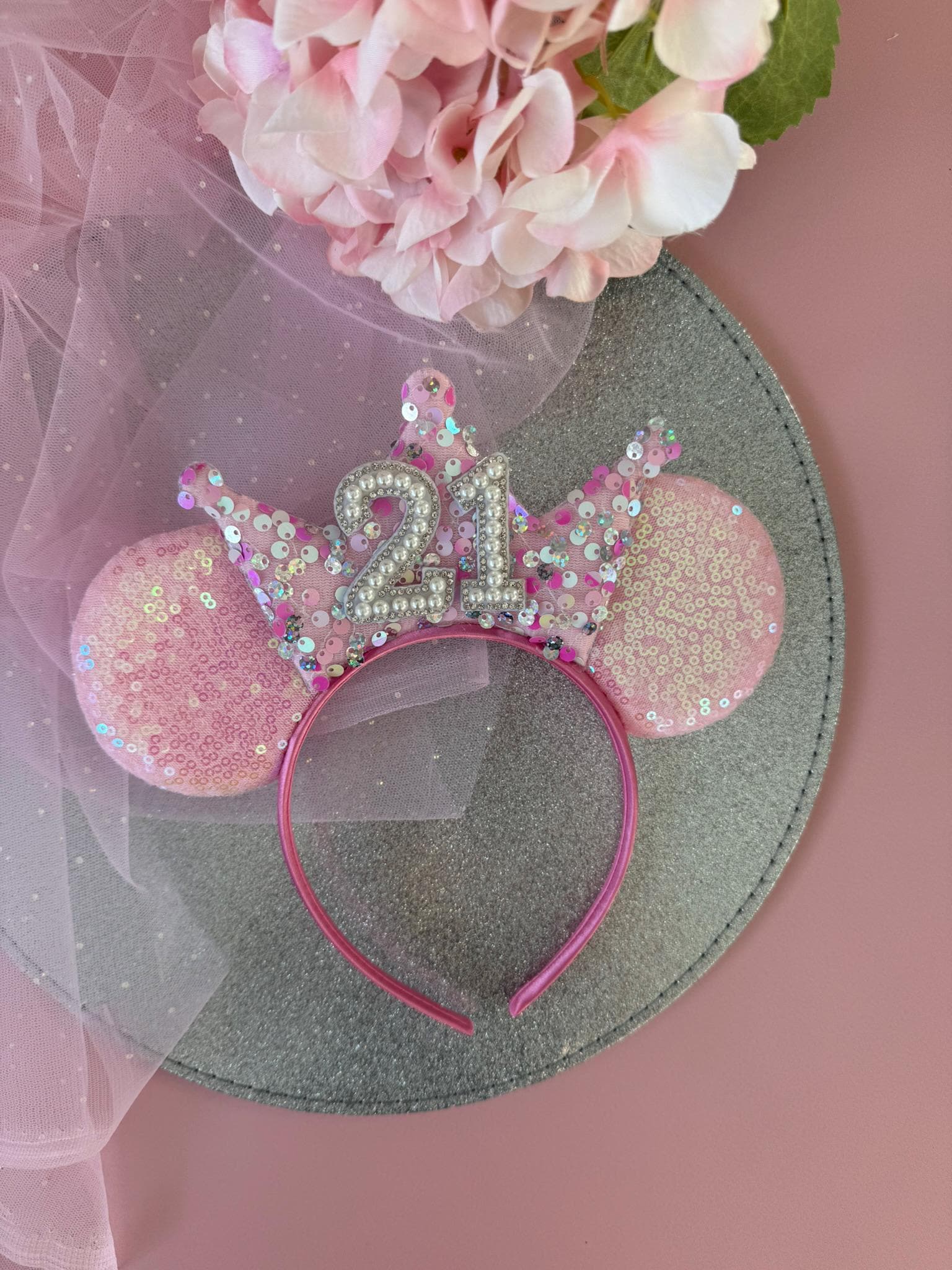 Baby Pink Sequin & Confetti Birthday Crown Headband | Sparkly Tiara | Personalised Ears for Women + Girls (All Ages) Disney Inspired