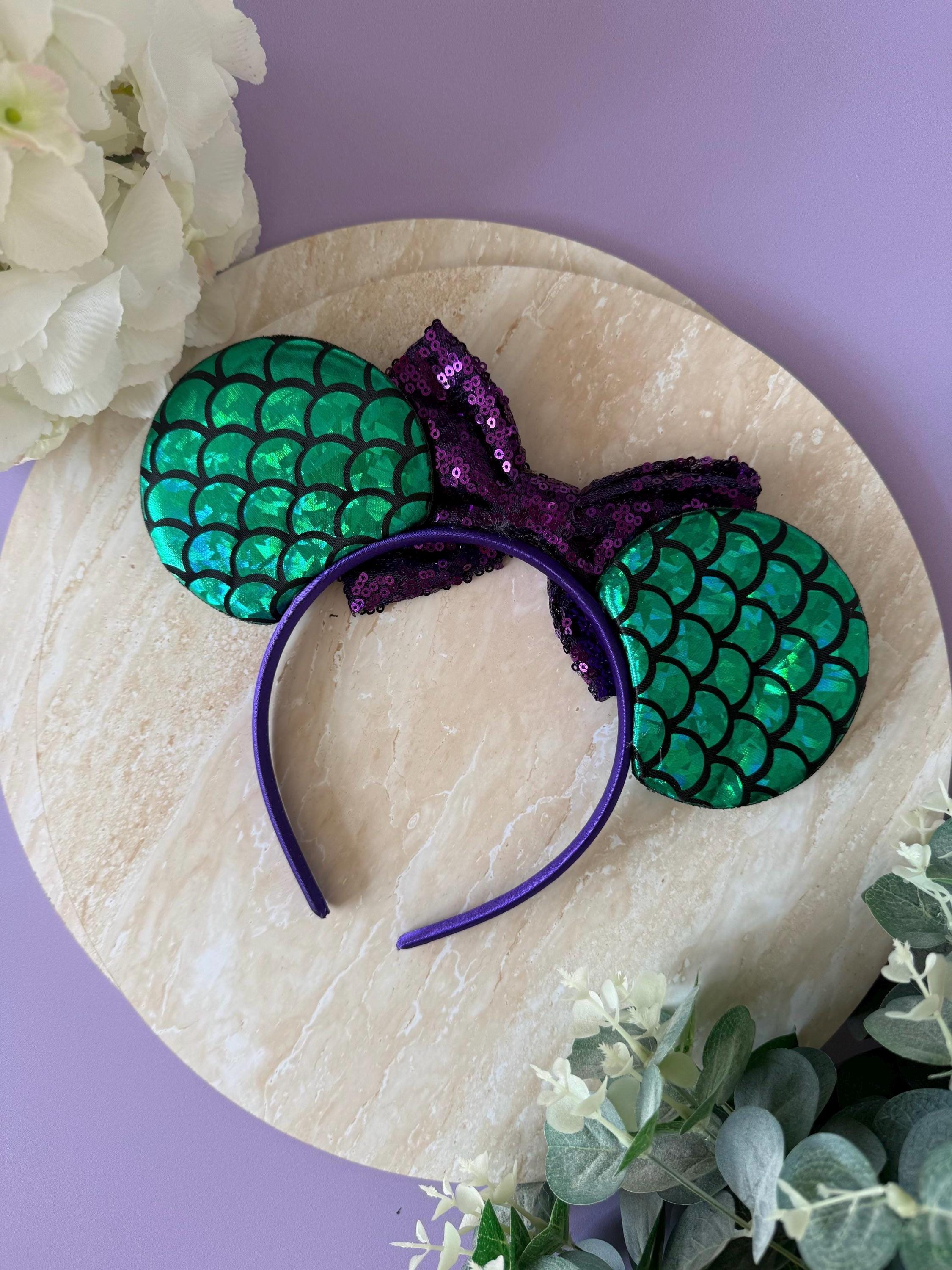 Ariel Inspired Little Mermaid Minnie Ears | Green Scale Purple Sequin Bow | Disneybound Headband Princess Park | Birthday Accessory Gift