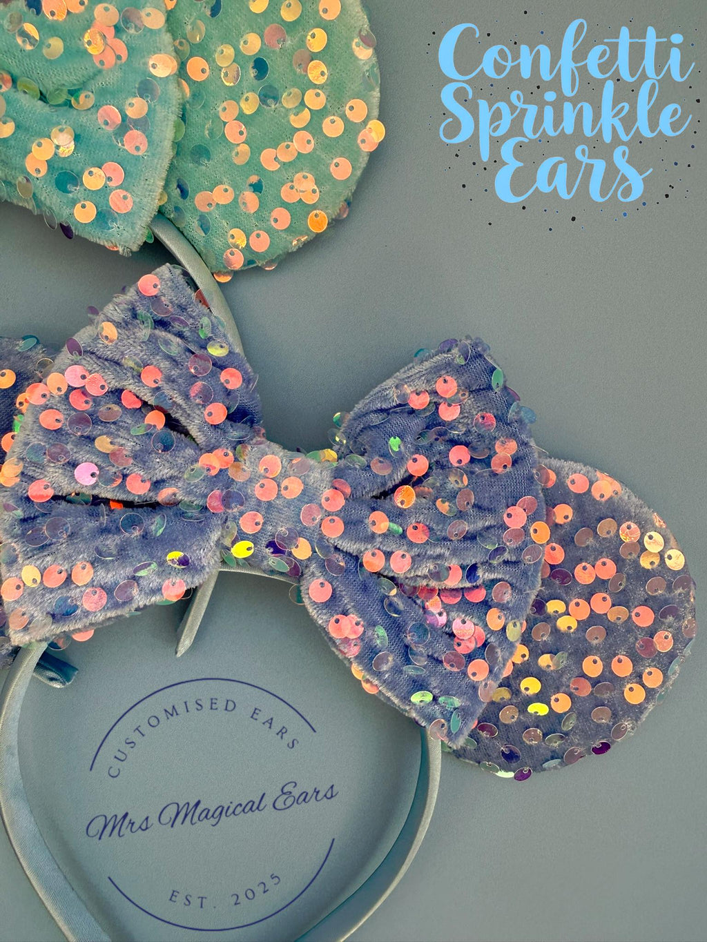 Baby Blue / Turquoise Confetti Sprinkle Sequin Mickey Minnie Mouse Disney Inspired Ears Headband