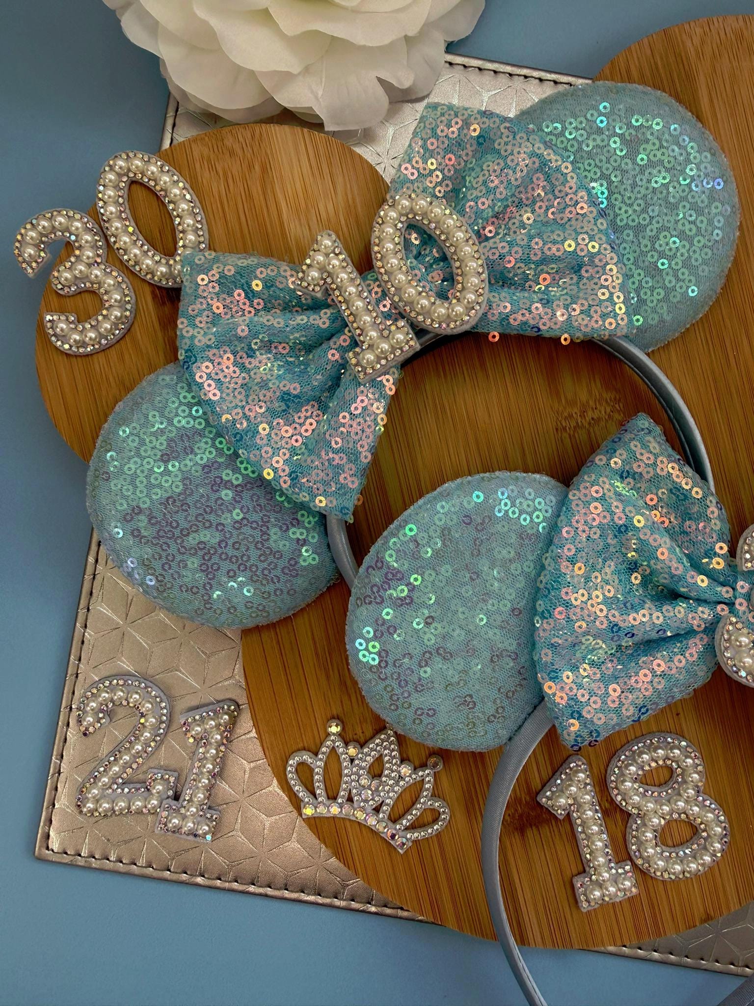 Birthday Blue Sequin Minnie Ears | Custom Headband | Disney Mickey headband Girls, Teens & Adults | Sparkly Accessory 3, 5, 7, 16,18, 21, 30