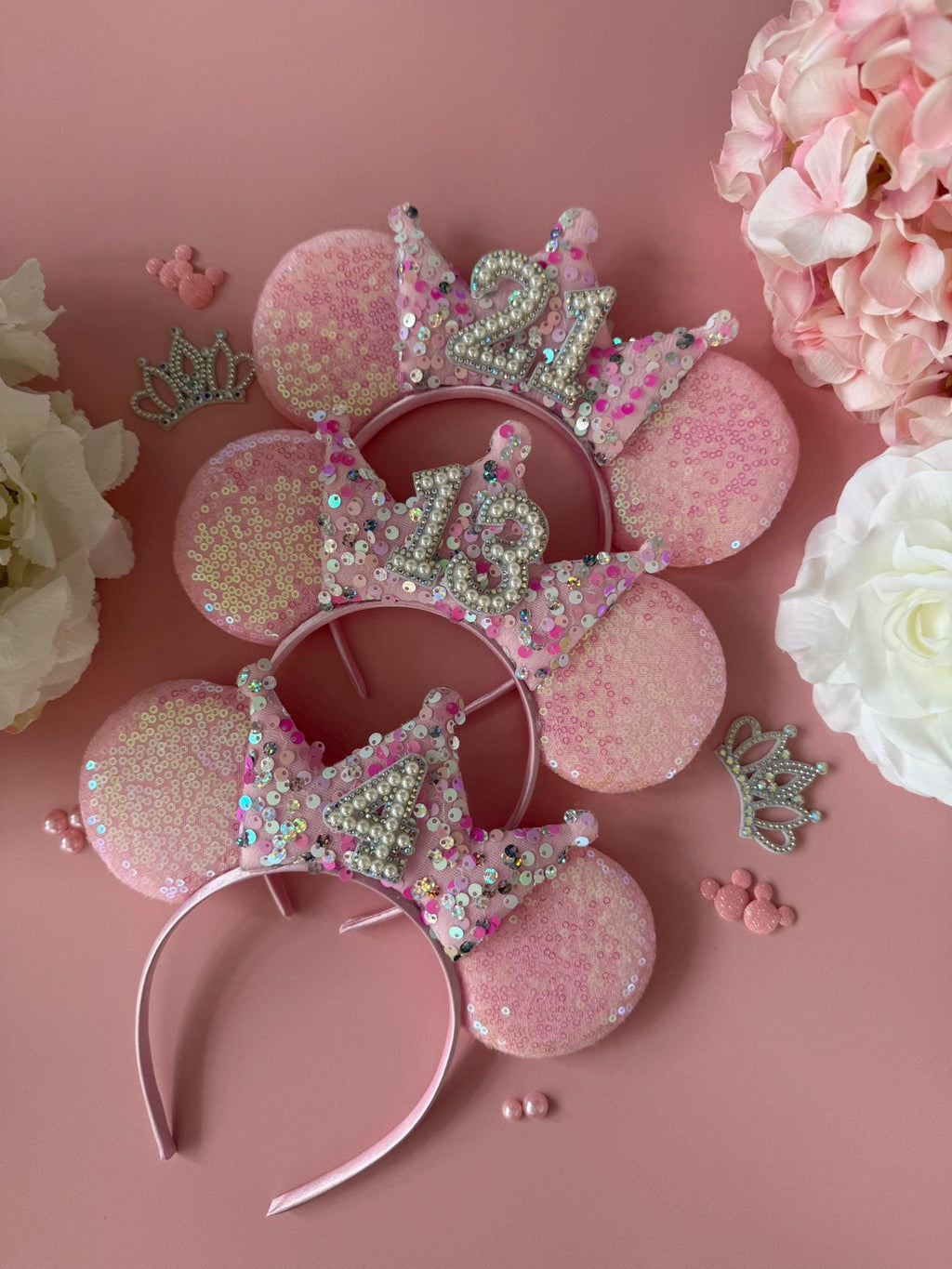 Baby Pink Sequin & Confetti Birthday Crown Headband | Sparkly Tiara | Personalised Ears for Women + Girls (All Ages) Disney Inspired