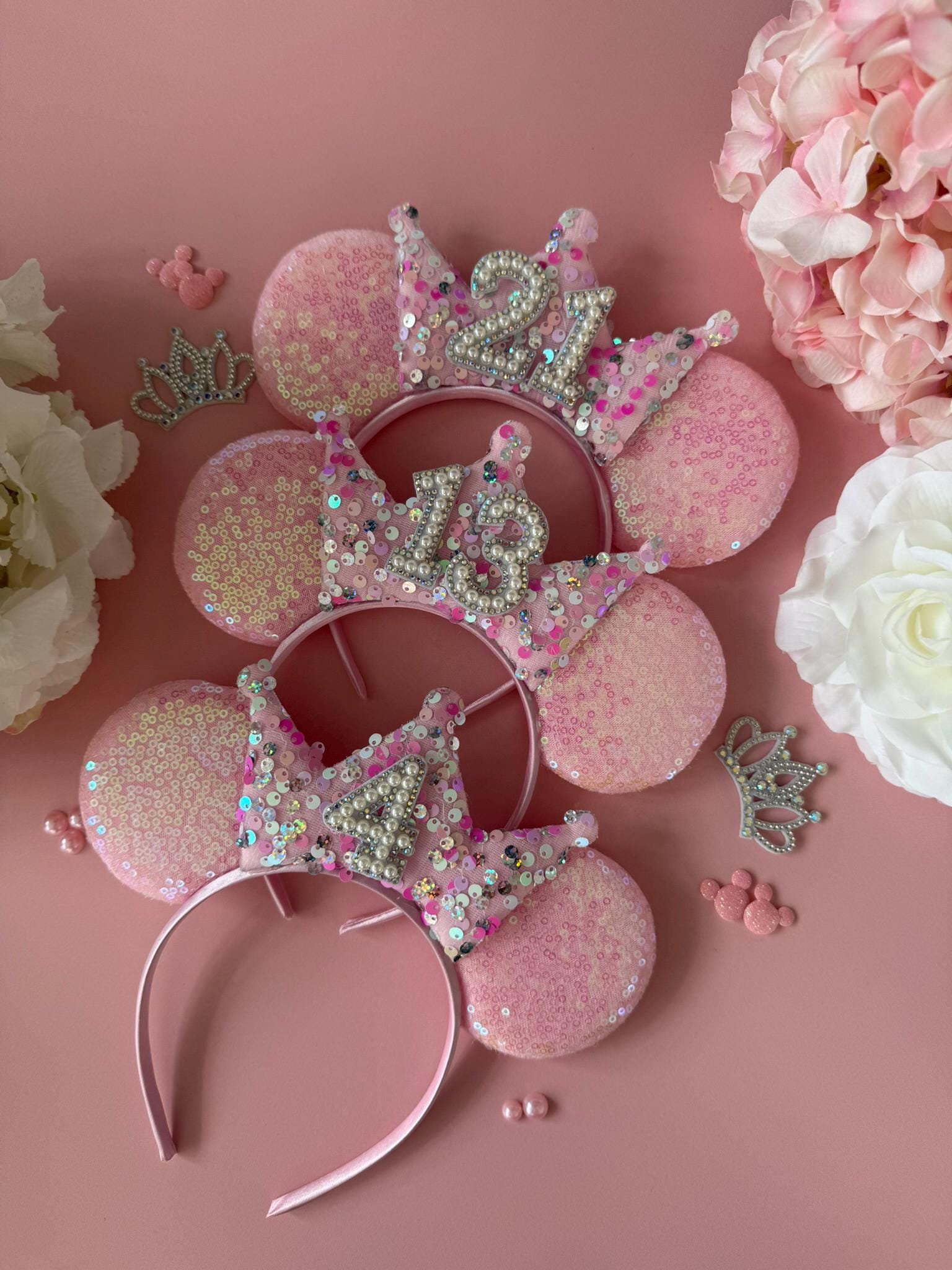Baby Pink Sequin & Confetti Birthday Crown Headband | Sparkly Tiara | Personalised Ears for Women + Girls (All Ages) Disney Inspired