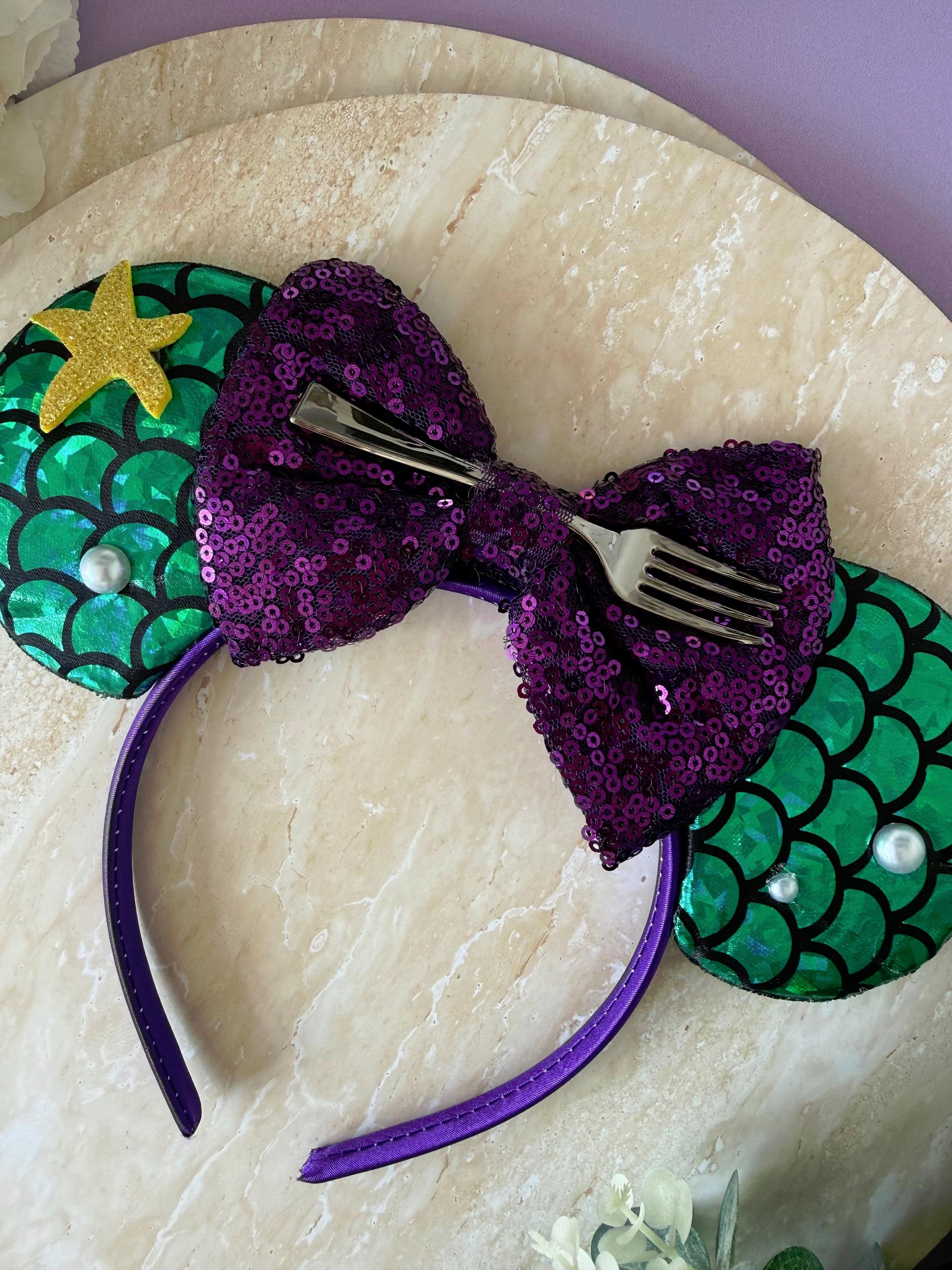 Ariel Inspired Little Mermaid Minnie Ears | Green Scale Purple Sequin Bow | Disneybound Headband Princess Park | Birthday Accessory Gift