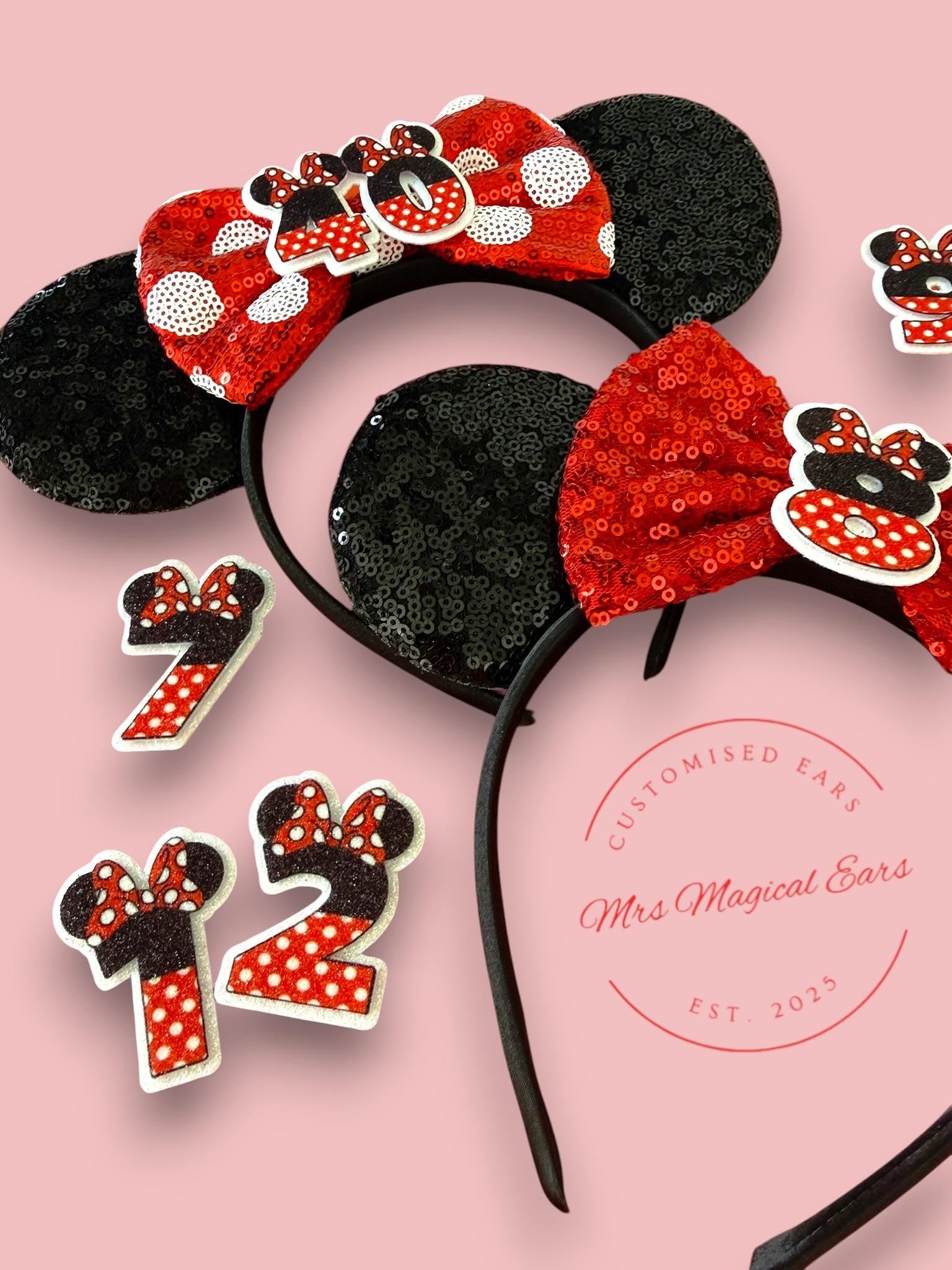 Birthday Bow Minnie Ears – Custom Age Disney Inspired Birthday Headband | Red Sequin or Polka Dot Bow | Magical Birthday Ears