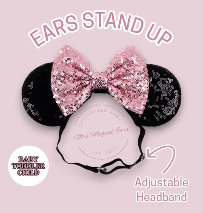 Baby Mouse Ears Adjustable Headband | Baby Toddler Mouse Ear Headband | Disney Inspired Ears | Sparkly Bow Mouse Ears | Baby Holiday Outfit