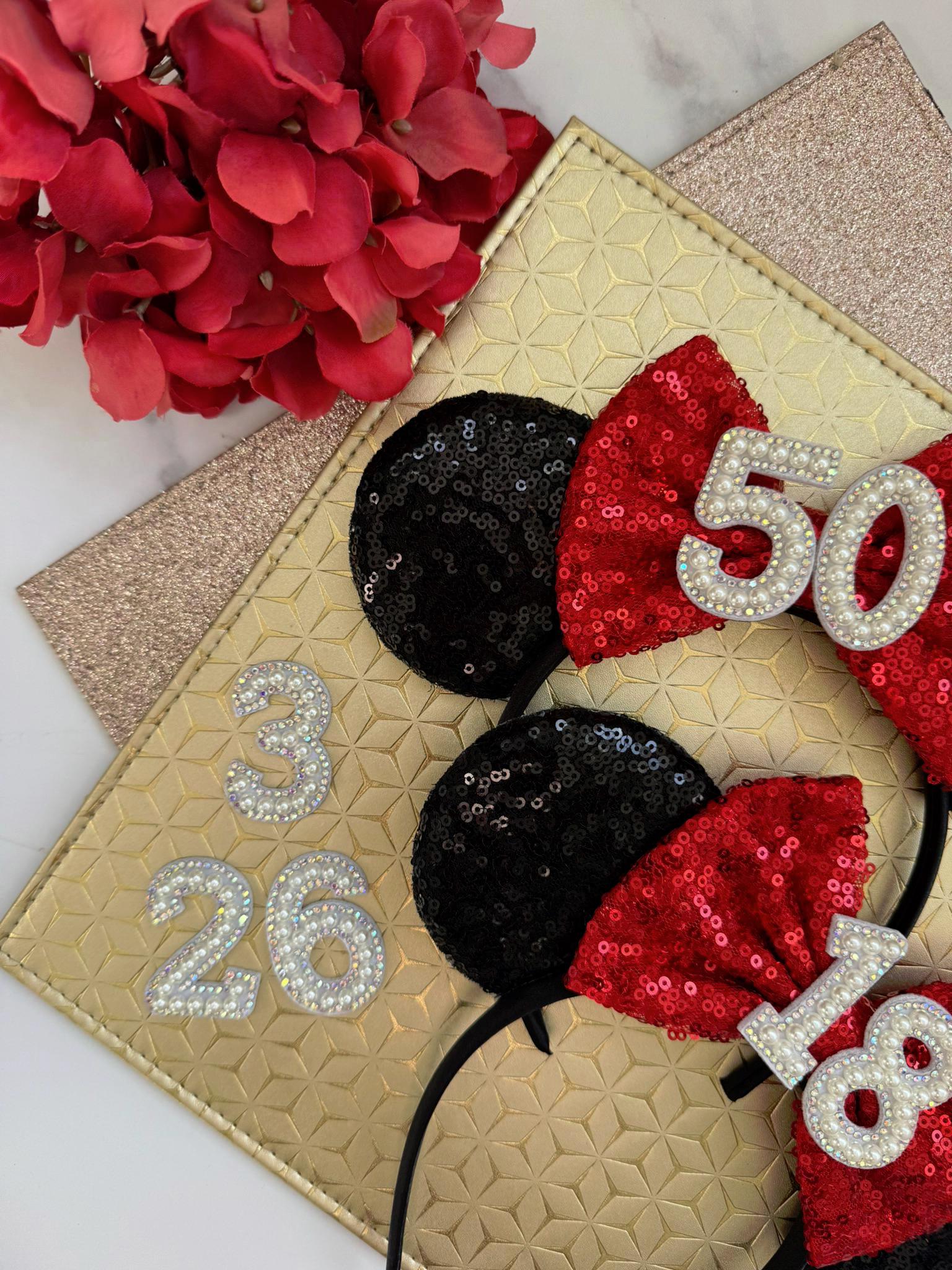 Black Sequin Birthday Minnie Inspired Ears Headband – Red Bow Custom Age Mouse Ears for Adults, Teens & Disney Birthday Trips