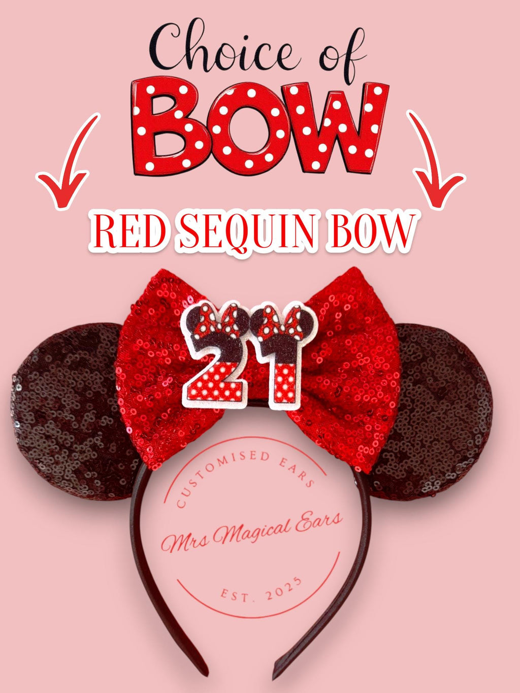 Birthday Bow Minnie Ears – Custom Age Disney Inspired Birthday Headband | Red Sequin or Polka Dot Bow | Magical Birthday Ears