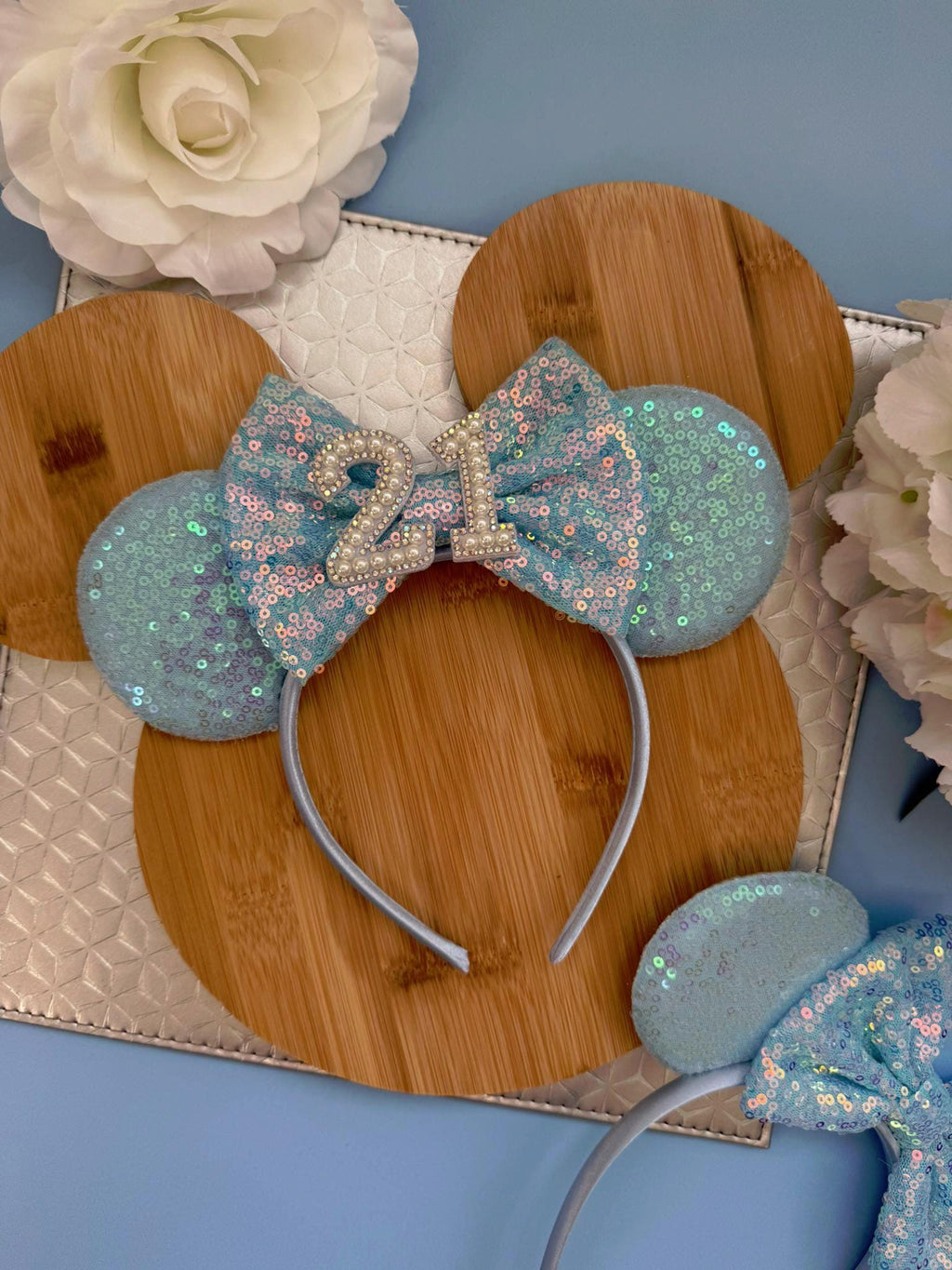 Birthday Blue Sequin Minnie Ears | Custom Headband | Disney Mickey headband Girls, Teens & Adults | Sparkly Accessory 3, 5, 7, 16,18, 21, 30