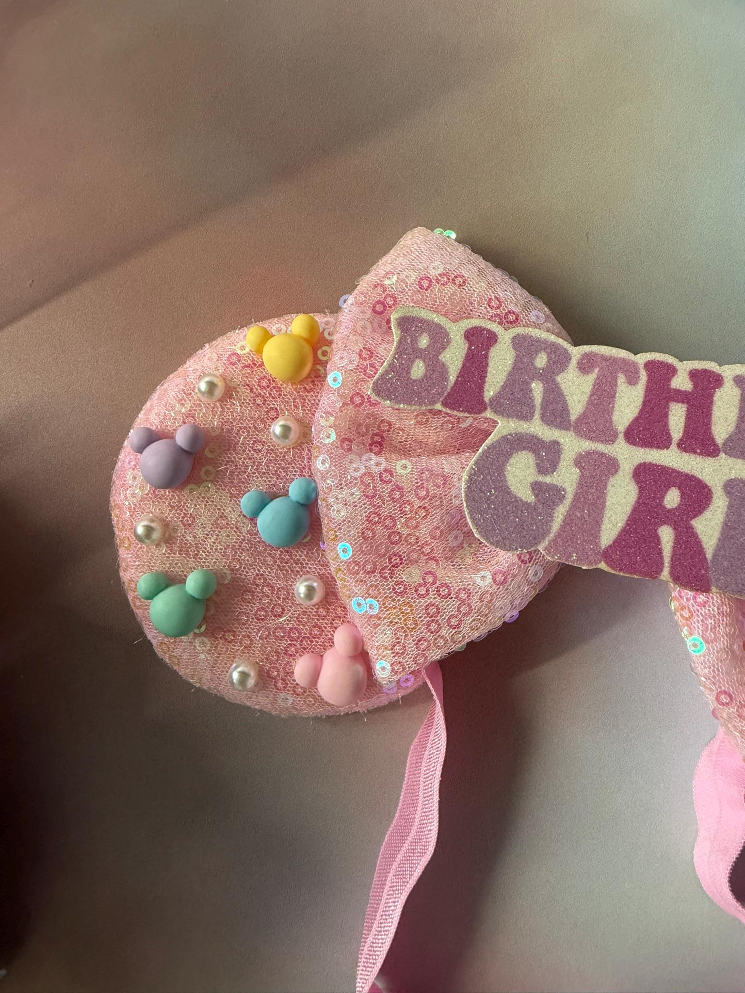 Birthday Girl Minnie Ears Baby Toddler, Sequin Minnie Mouse Headband, Adjustable Disney Birthday Headband, Baby Pink Blue Iridescent Ears