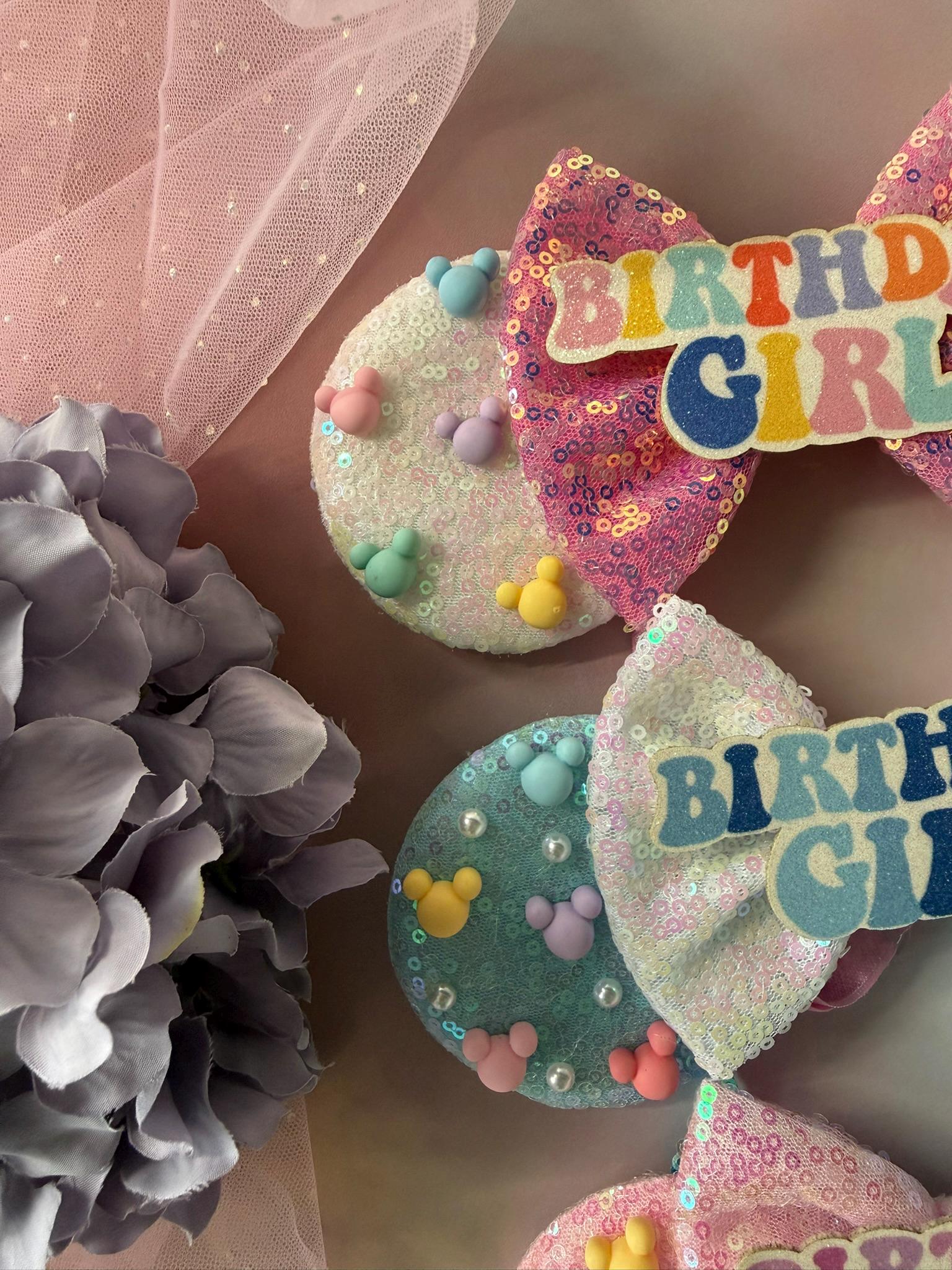 Birthday Girl Minnie Ears Baby Toddler, Sequin Minnie Mouse Headband, Adjustable Disney Birthday Headband, Baby Pink Blue Iridescent Ears