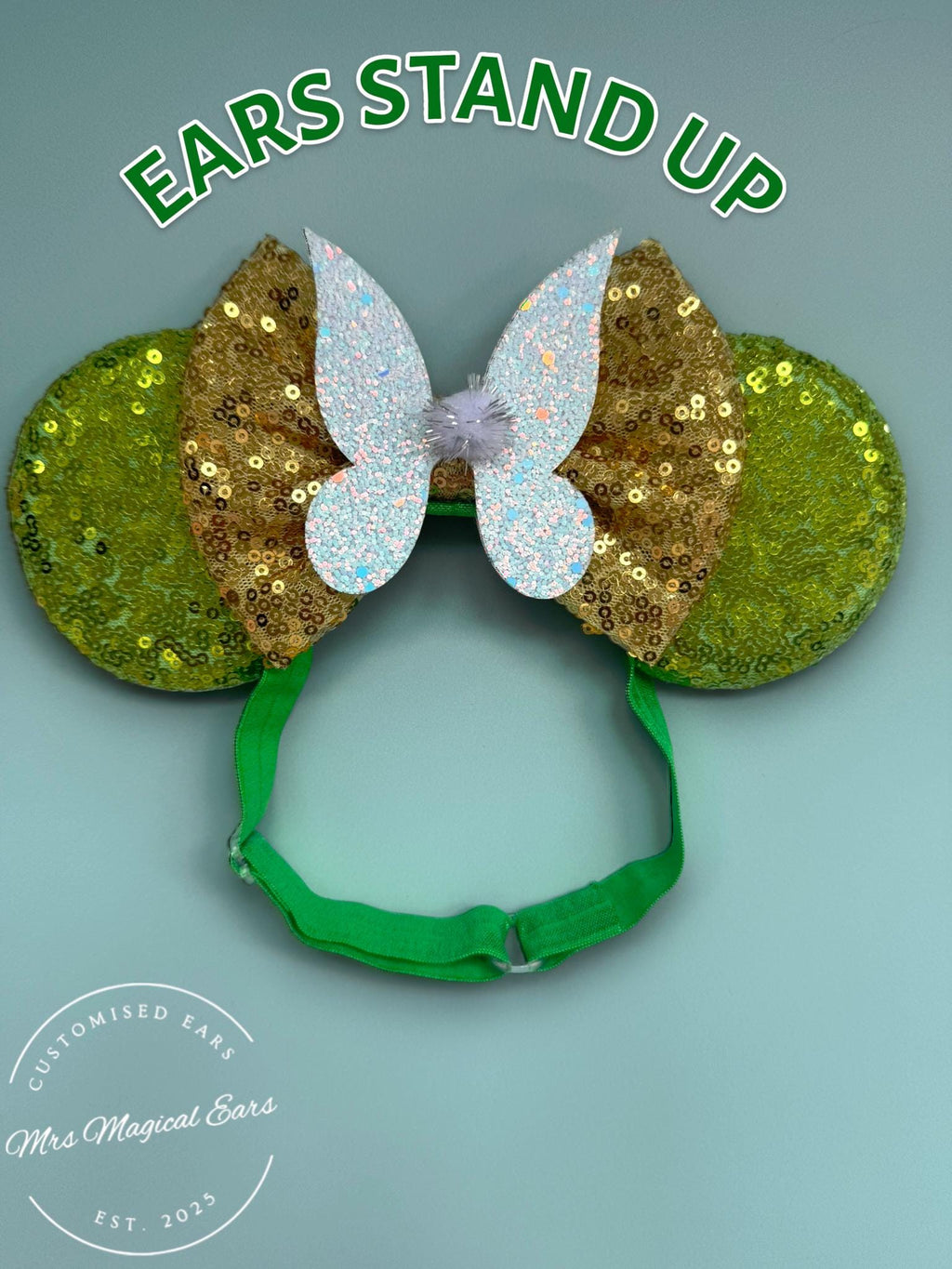 Baby Tinkerbell Minnie Ears Headband |Toddler Fairy Child | Disney Inspired | Green + Gold Sequin Mouse | Pixie Birthday Outfit | Tink