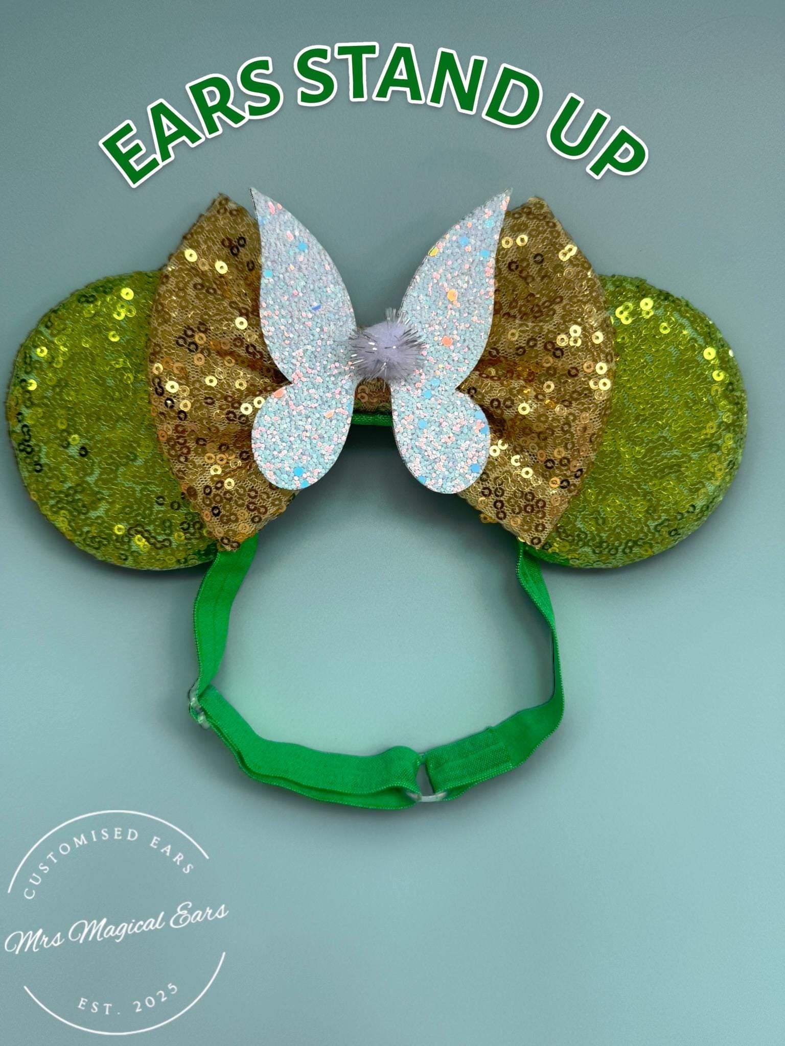 Baby Tinkerbell Minnie Ears Headband |Toddler Fairy Child | Disney Inspired | Green + Gold Sequin Mouse | Pixie Birthday Outfit | Tink
