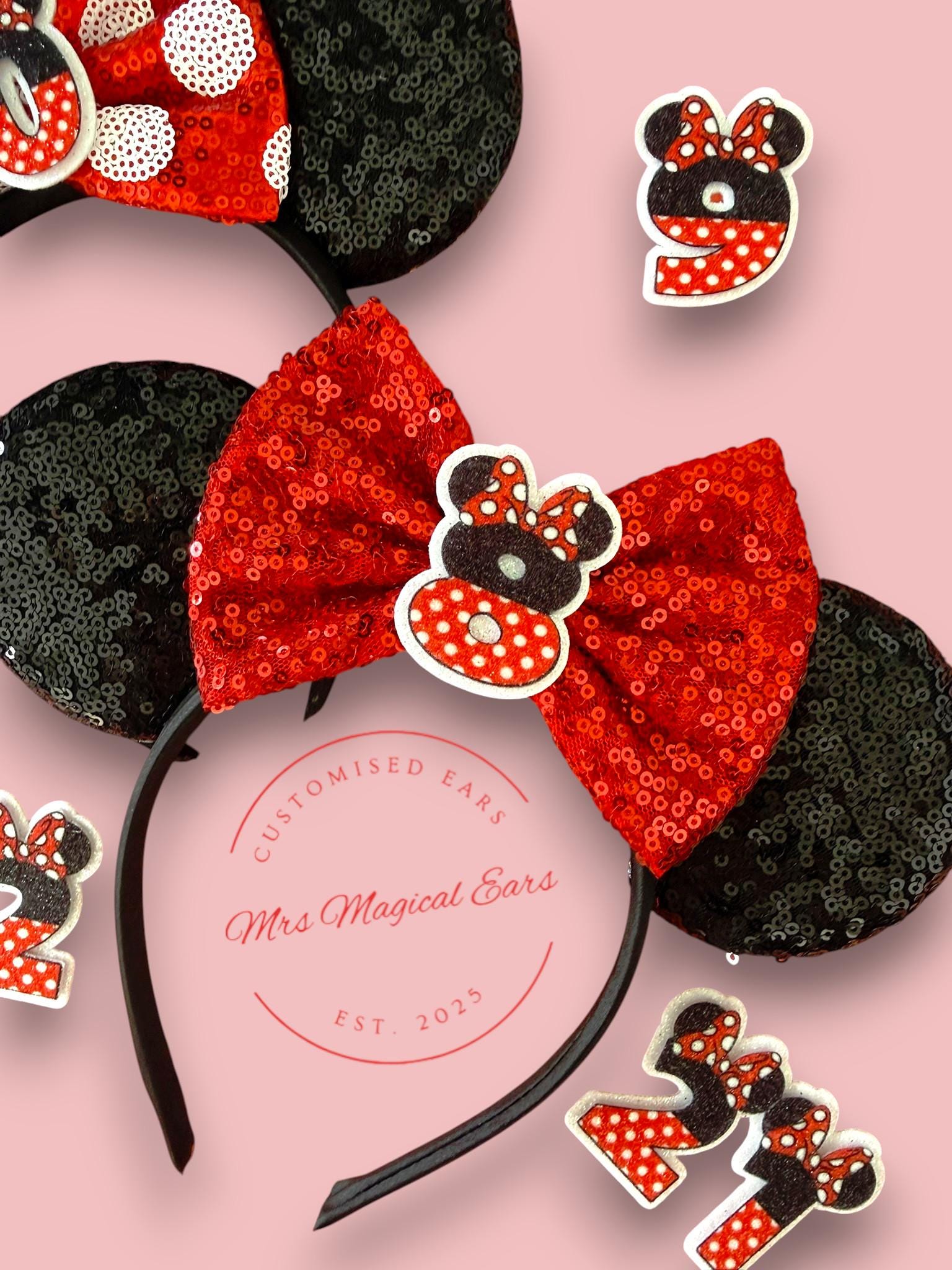 Birthday Bow Minnie Ears – Custom Age Disney Inspired Birthday Headband | Red Sequin or Polka Dot Bow | Magical Birthday Ears