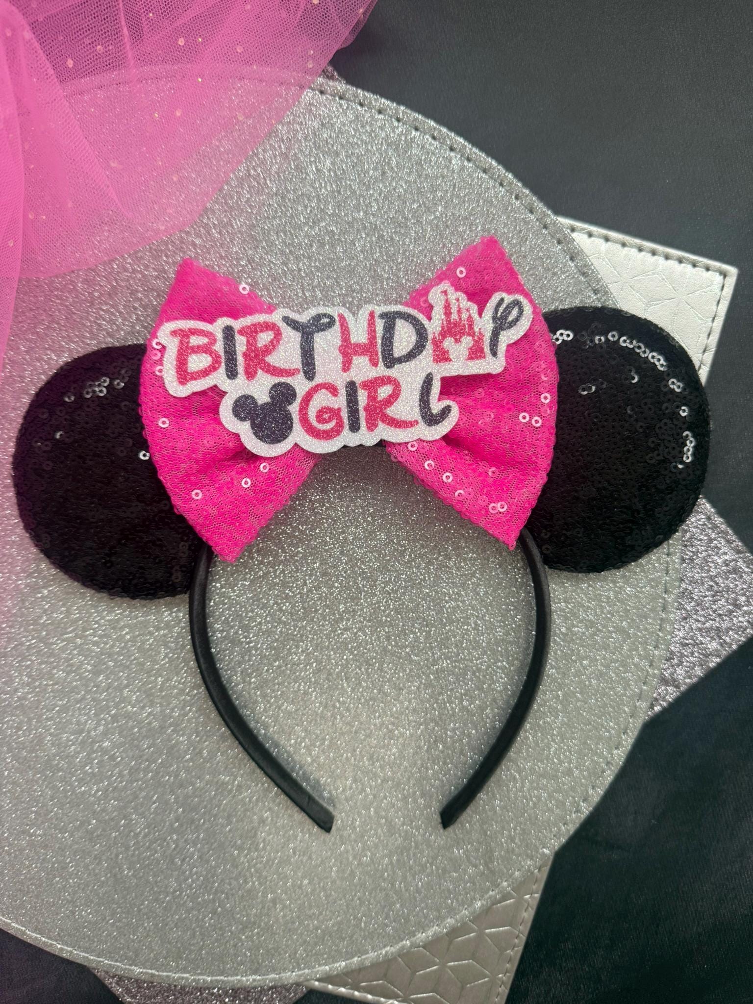 Birthday Girl Minnie Ears, Pink & Black Sequin Disney Inspired, Birthday Headband, Disney Birthday Outfit, Mickey Ears for Kids and Adults