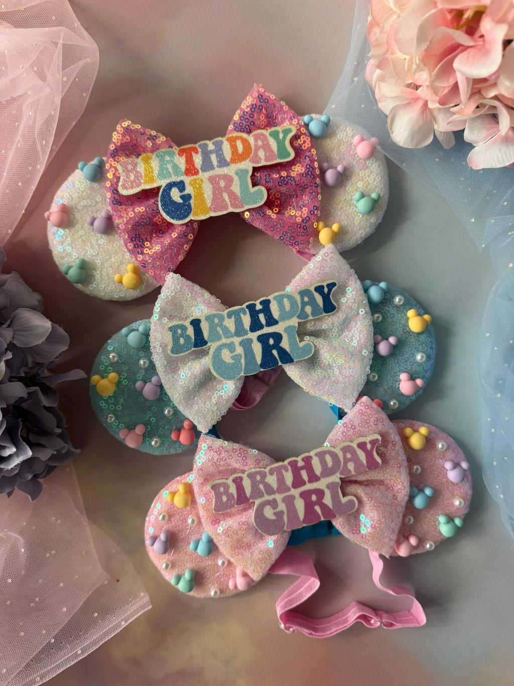 Birthday Girl Minnie Ears Baby Toddler, Sequin Minnie Mouse Headband, Adjustable Disney Birthday Headband, Baby Pink Blue Iridescent Ears