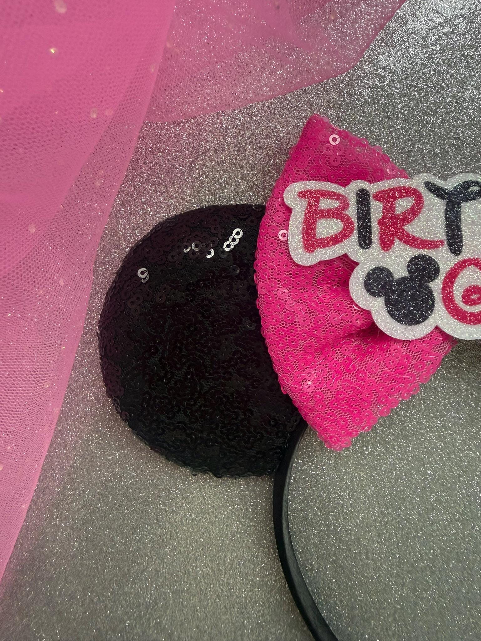 Birthday Girl Minnie Ears, Pink & Black Sequin Disney Inspired, Birthday Headband, Disney Birthday Outfit, Mickey Ears for Kids and Adults