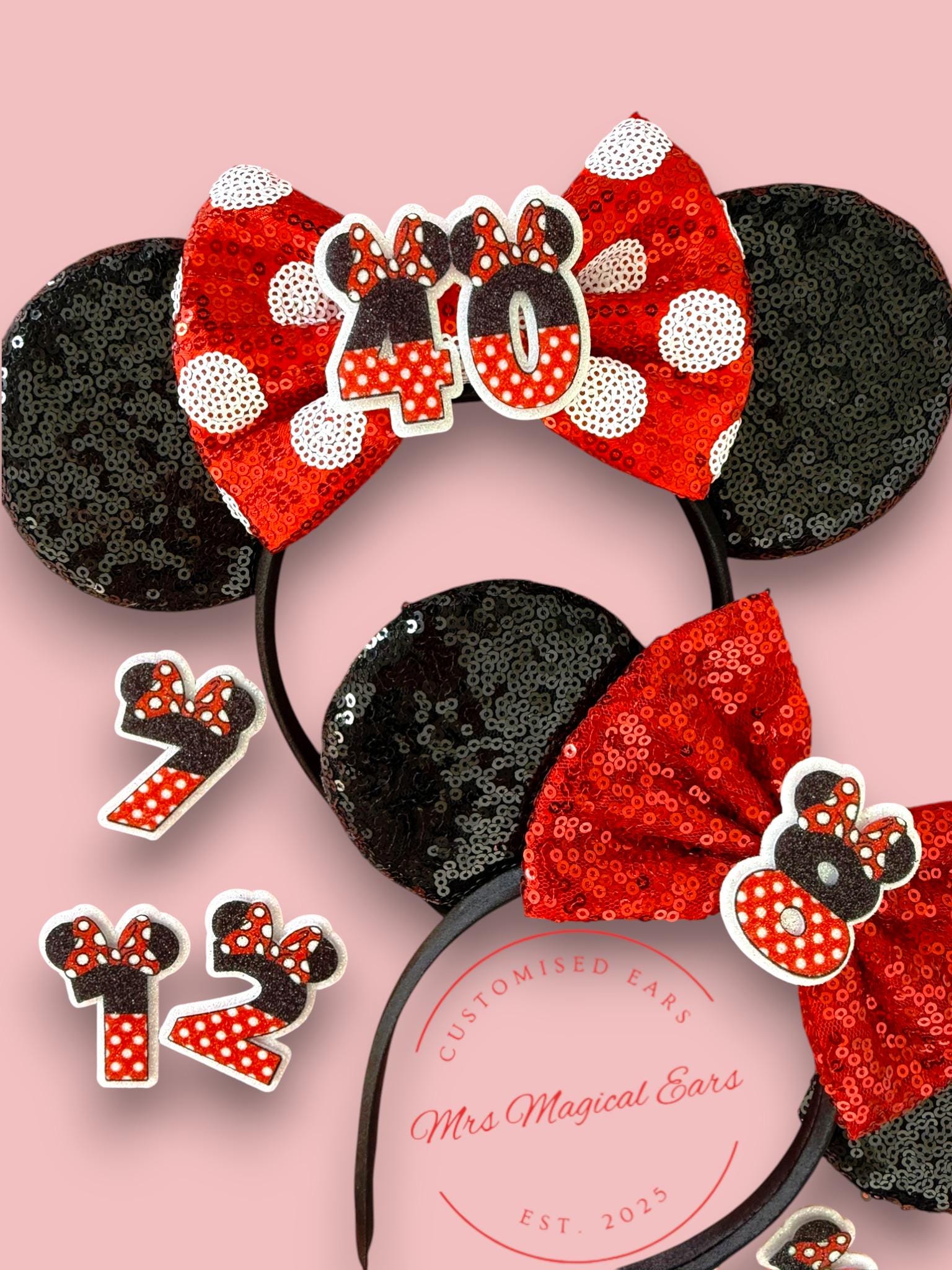 Birthday Bow Minnie Ears – Custom Age Disney Inspired Birthday Headband | Red Sequin or Polka Dot Bow | Magical Birthday Ears