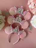 Baby Pink Sequin & Confetti Birthday Crown Headband | Sparkly Tiara | Personalised Ears for Women + Girls (All Ages) Disney Inspired