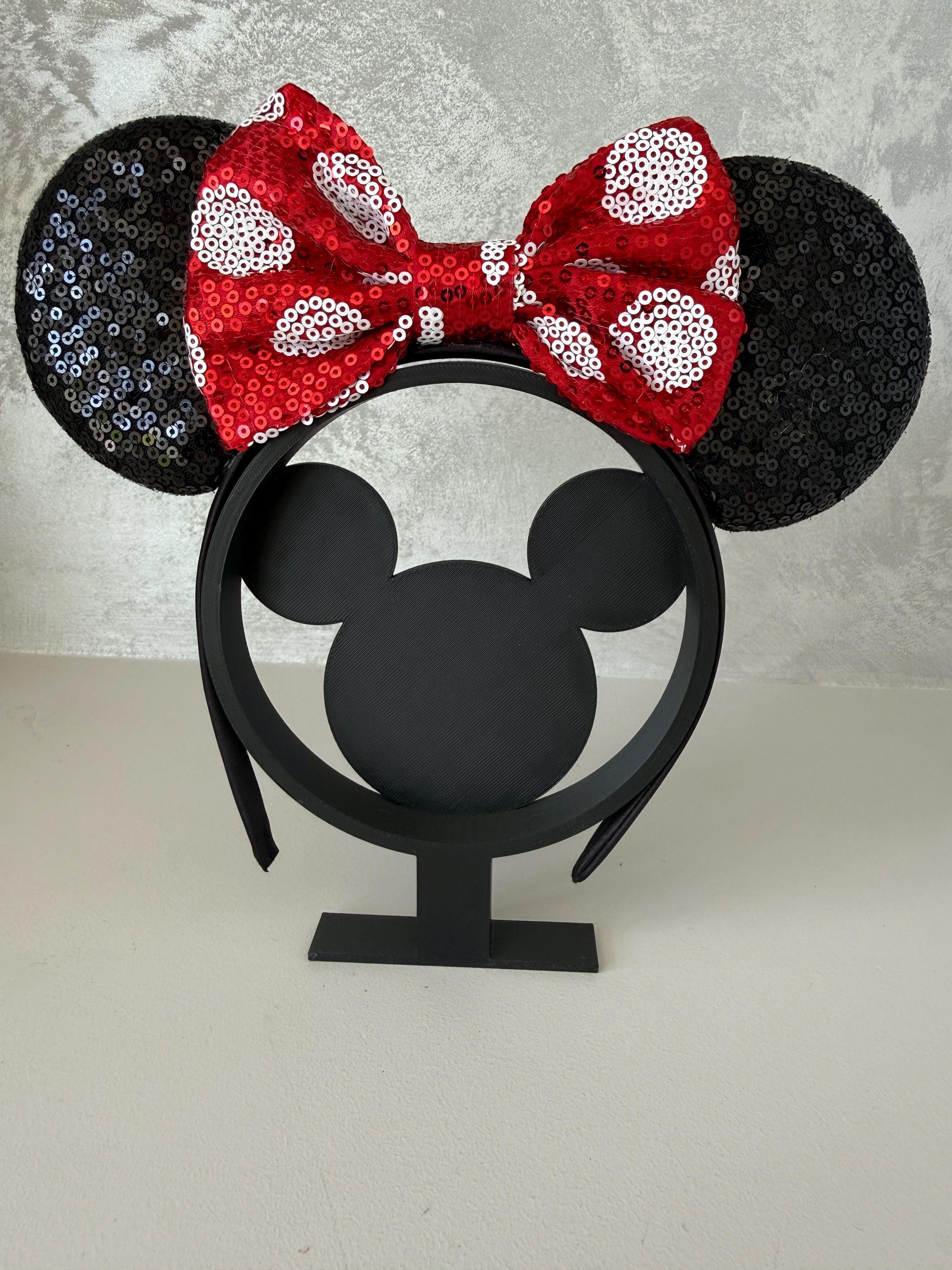 Classic Minnie Mouse Inspired Ears Headband – Black Sequin Ears with Red White Polka Dot Bow, Mickey Minnie Theme Park Headband