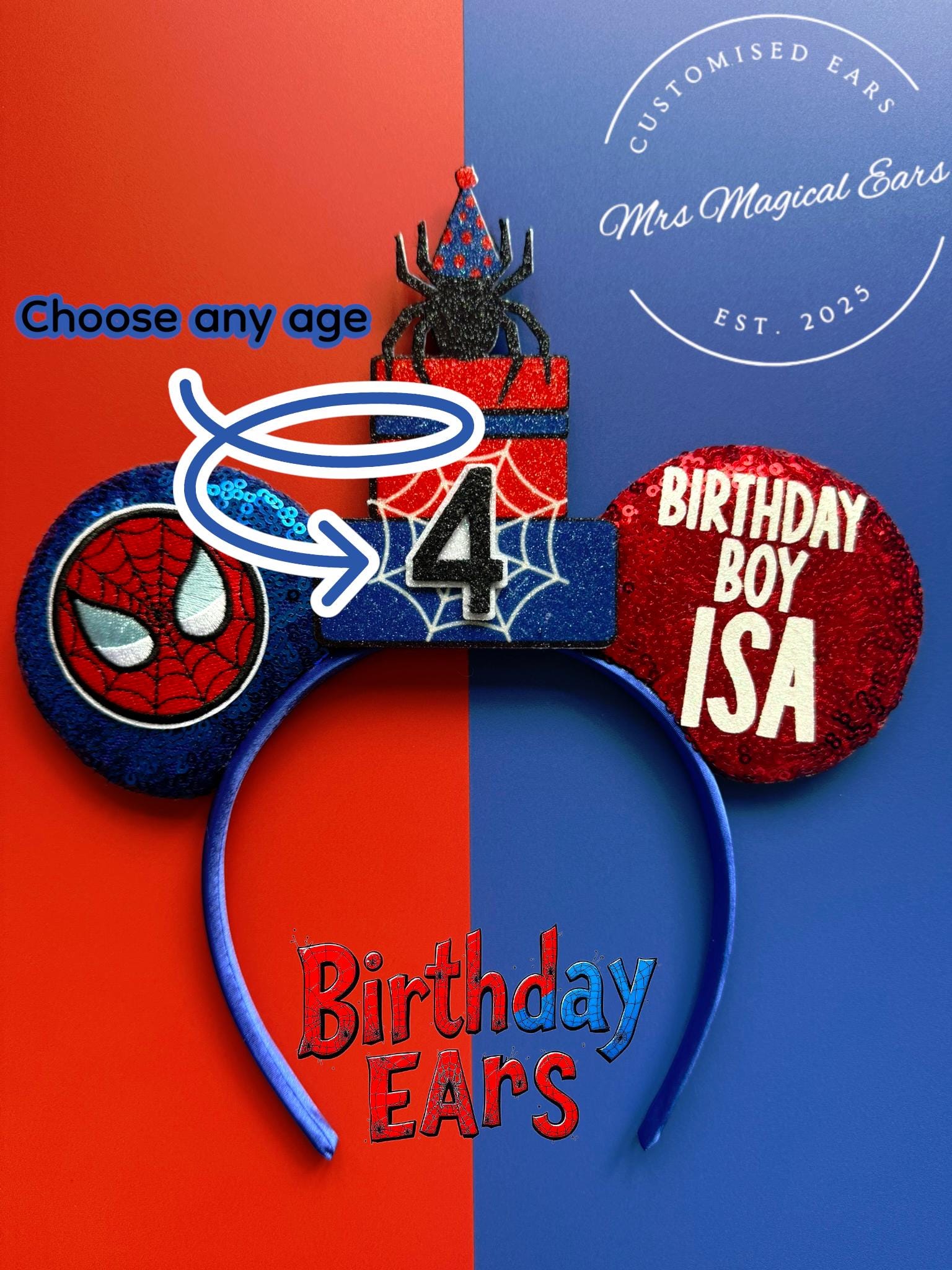 Birthday Boy Spider-Man Inspired Ears | Personalised Disney Inspired Birthday Ears | Custom Age Cake Hat | Mickey Ears Any Age