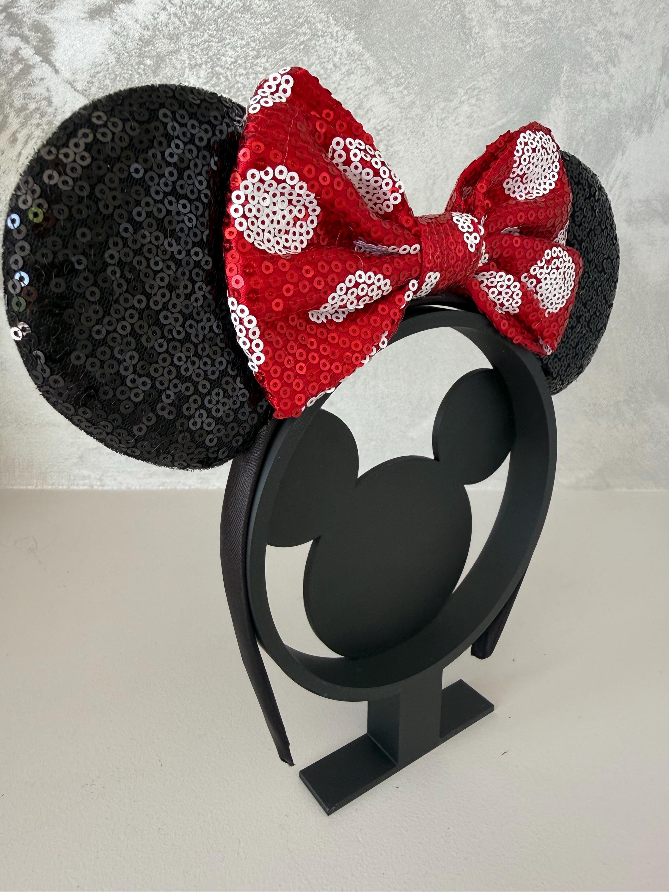 Classic Minnie Mouse Inspired Ears Headband – Black Sequin Ears with Red White Polka Dot Bow, Mickey Minnie Theme Park Headband