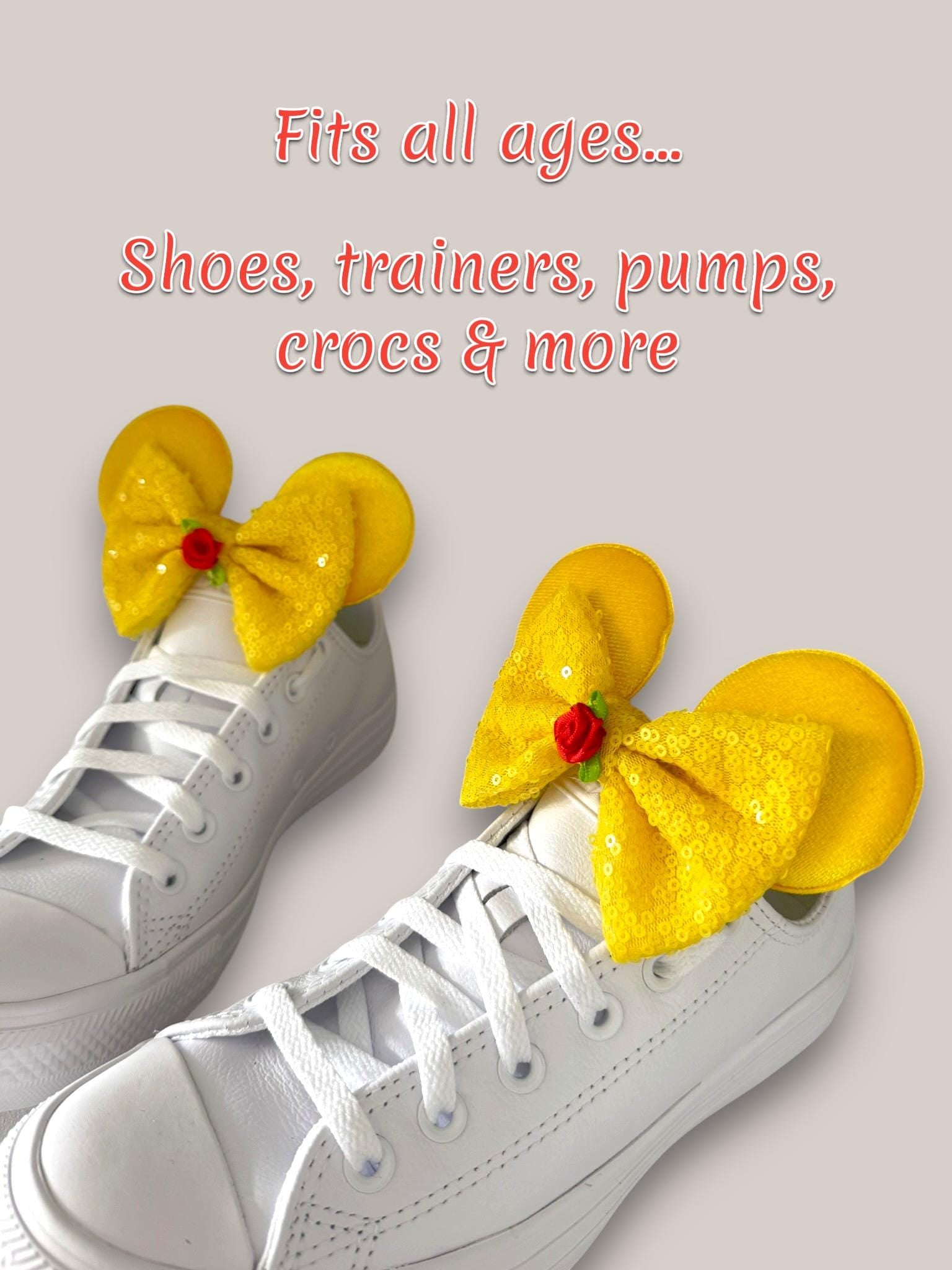 Belle Inspired Shoe Clips, Yellow Mouse Ears with Rose Bow, Beauty and the Beast Disney Inspired Shoe Accessories, Princess Trainer Clips